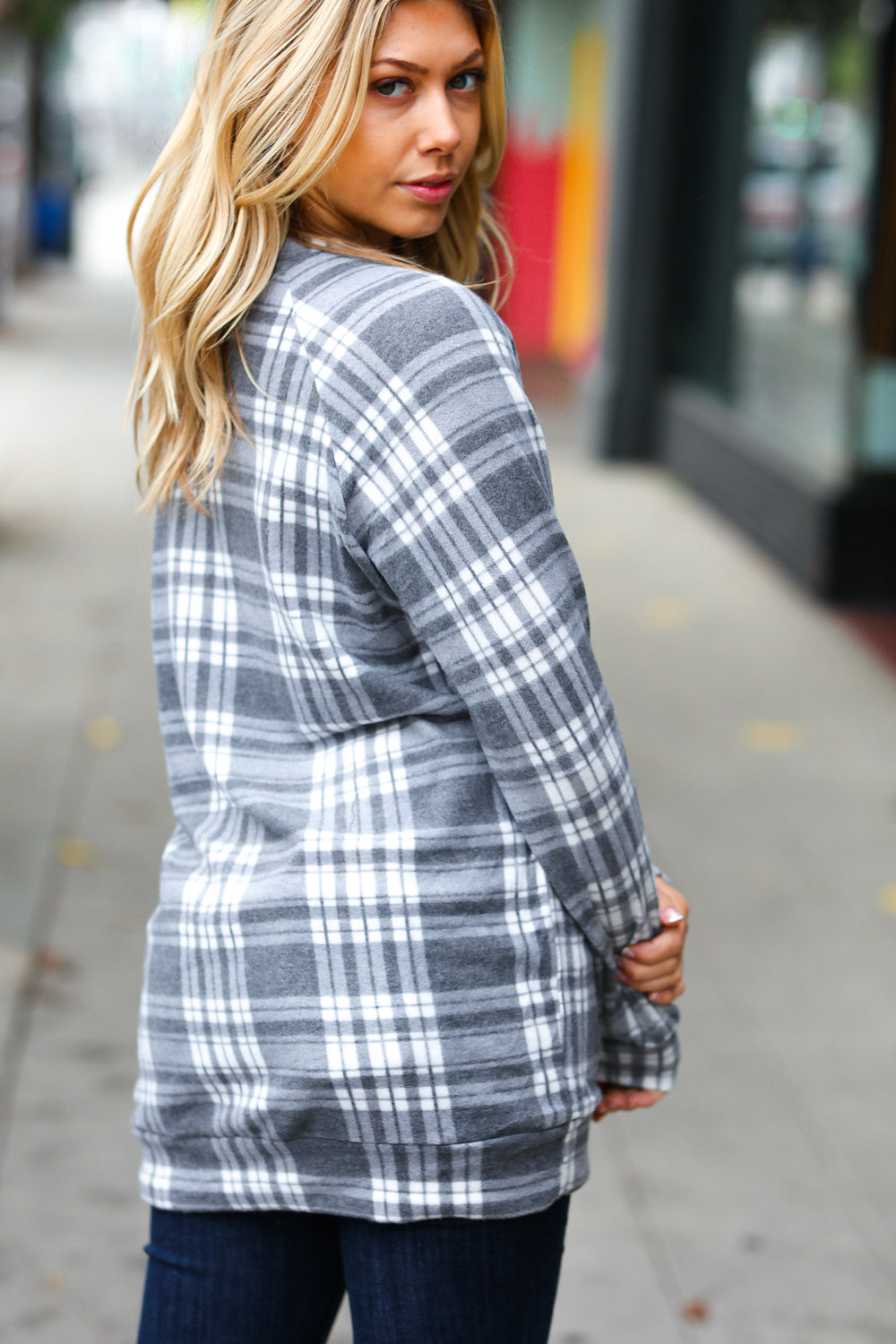 Cozy Grey Plaid Double Brushed Hacci Pullover