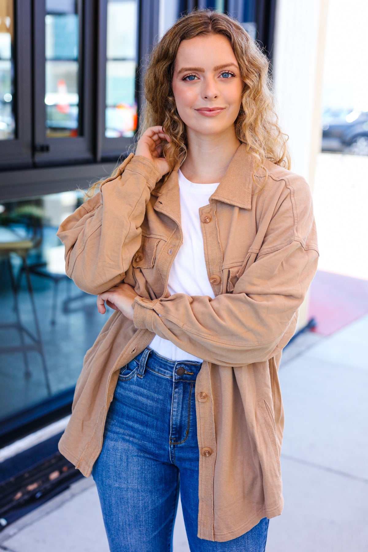 Weekend Ready Camel Terry Oversized Shirt Shacket