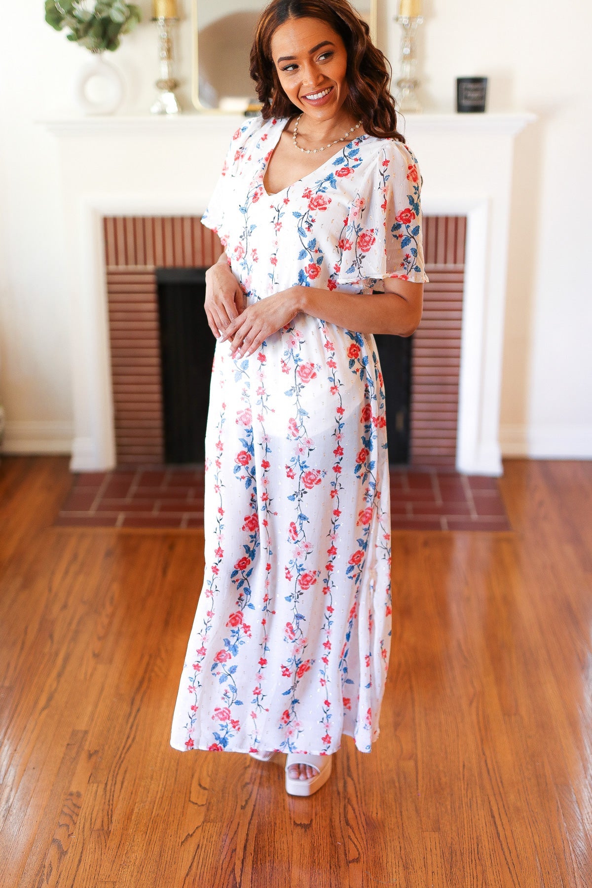 Red/Blue Floral Swiss Dot Chiffon Foil Maxi Dress