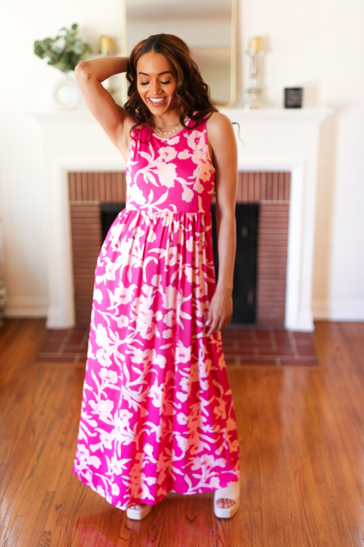Fuchsia & Pink Big Floral Fit and Flare Sleeveless Maxi Dress