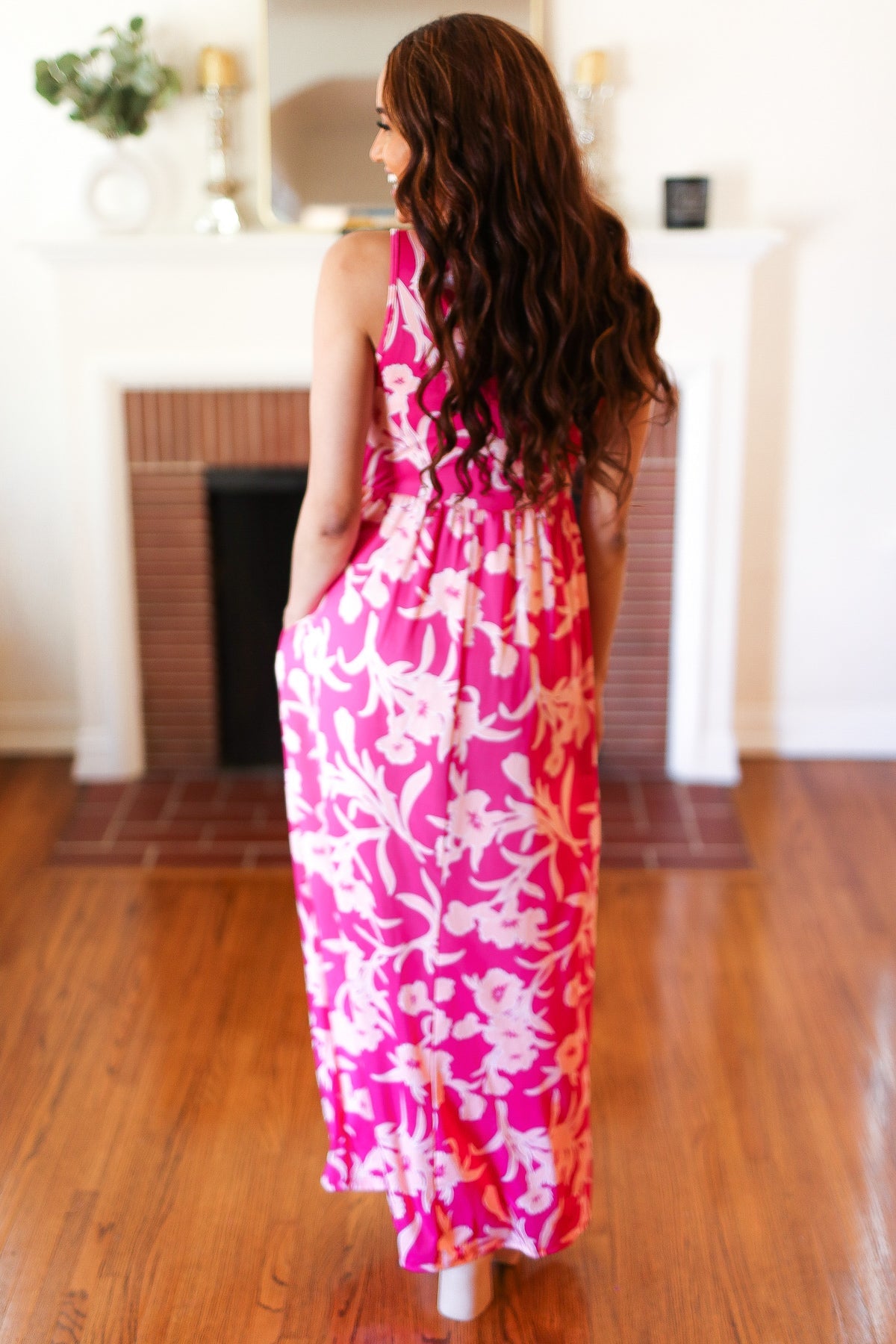 Fuchsia & Pink Big Floral Fit and Flare Sleeveless Maxi Dress