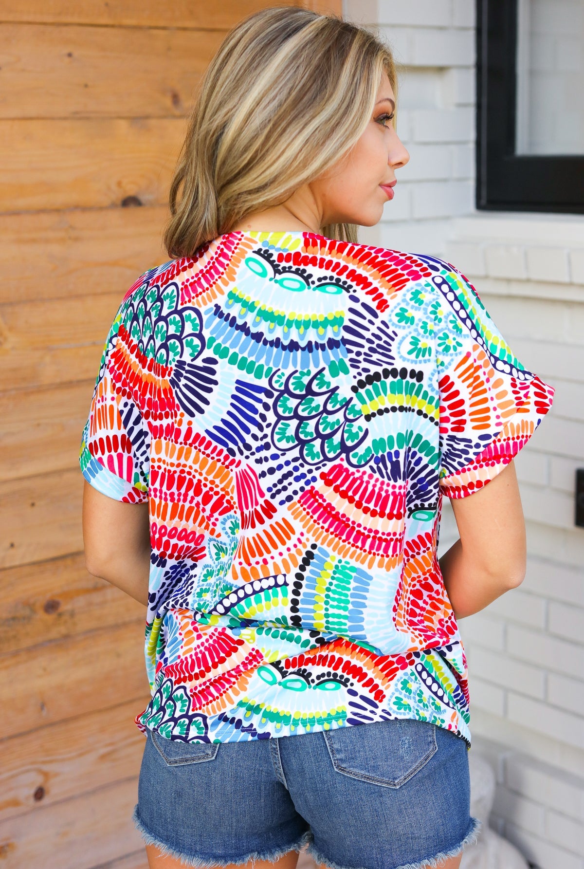Sunny Days Teal & Orange Tropical Abstract V Neck Top