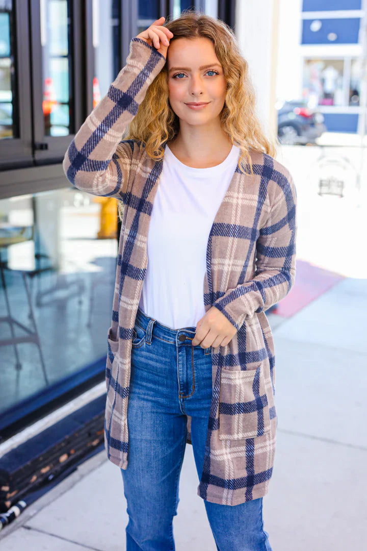 Casual Living Taupe & Charcoal Plaid Hacci Open Cardigan