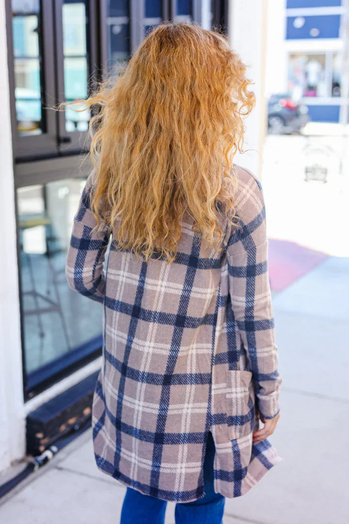 Casual Living Taupe & Charcoal Plaid Hacci Open Cardigan