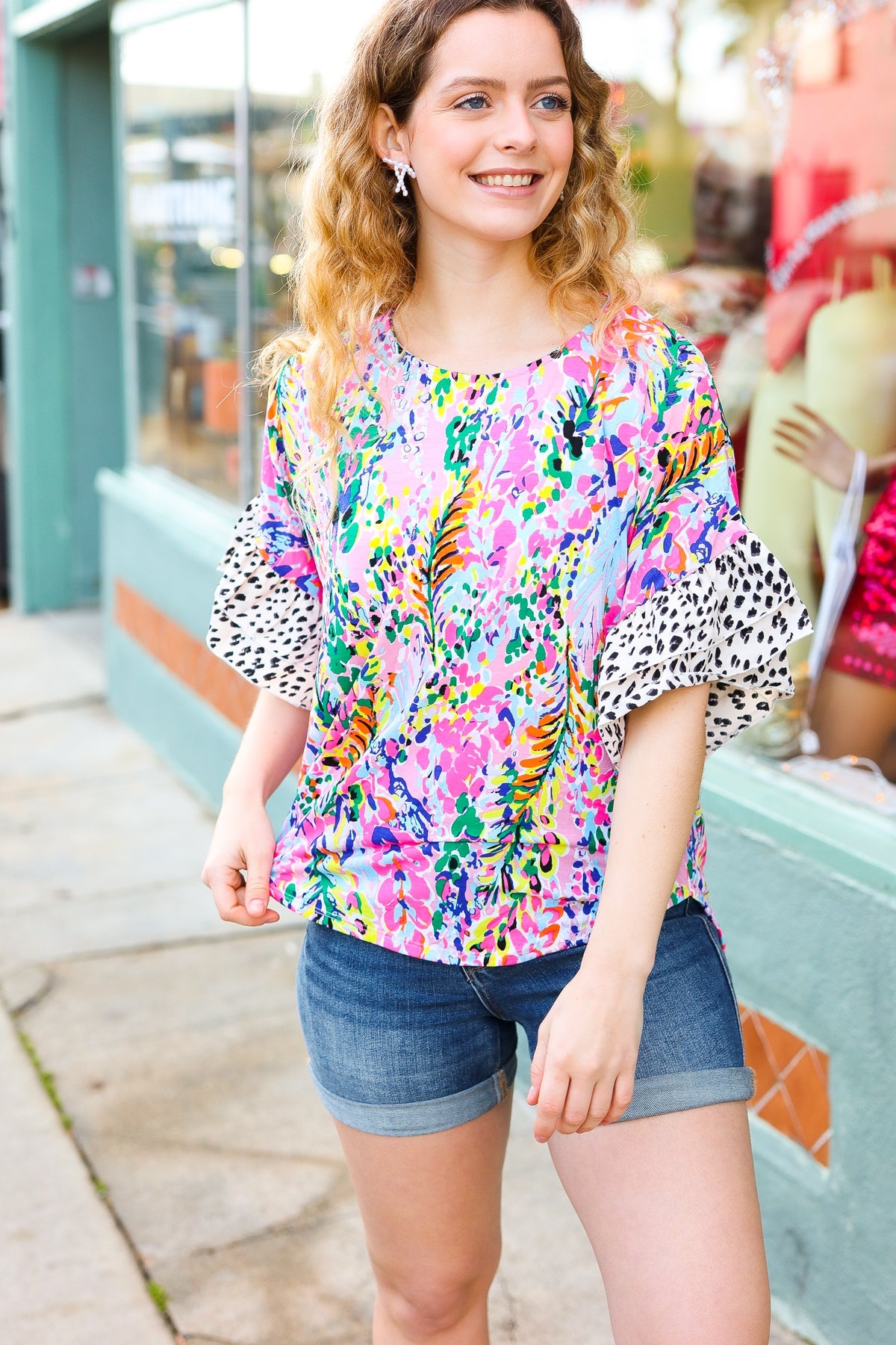 Feeling Bold Fuchsia Floral & Animal Print Ruffle Sleeve Top