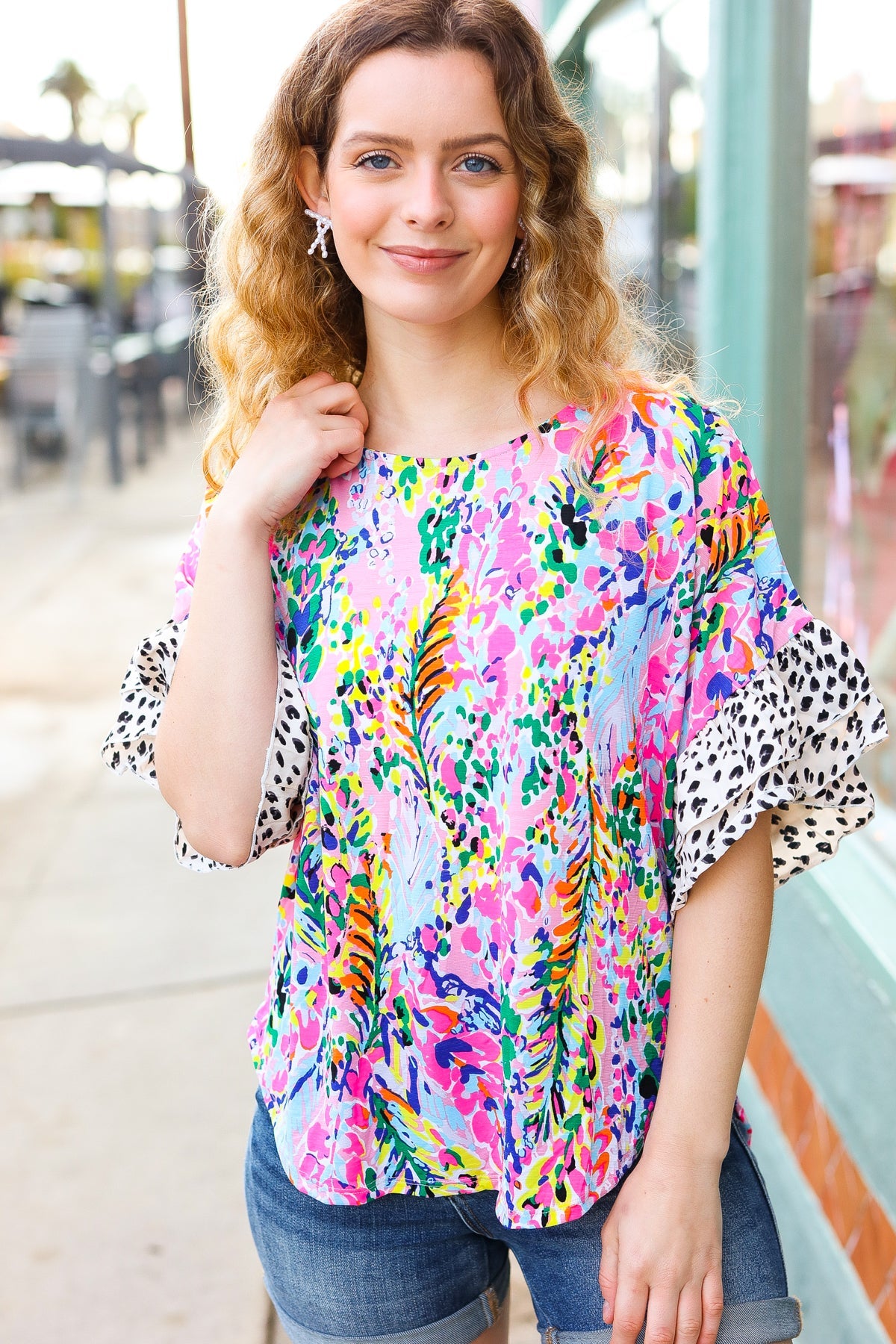 Feeling Bold Fuchsia Floral & Animal Print Ruffle Sleeve Top
