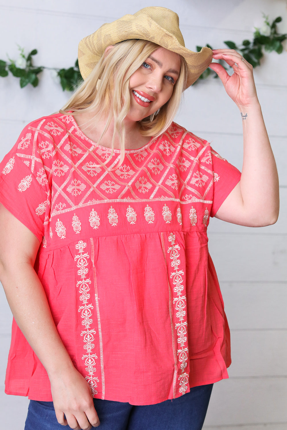 Coral Boho Embroidered Dolman Top