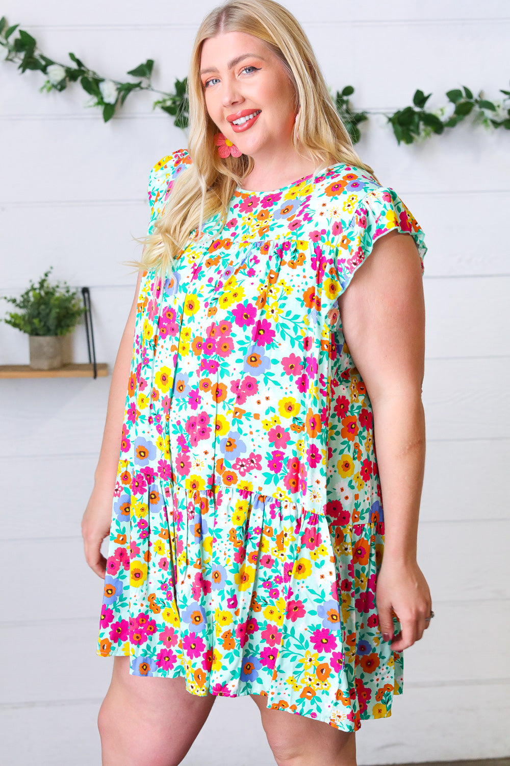 Seafoam Flat Floral Woven Poplin Ruffle Frill Sleeve Dress