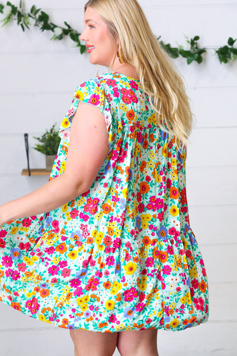 Seafoam Flat Floral Woven Poplin Ruffle Frill Sleeve Dress