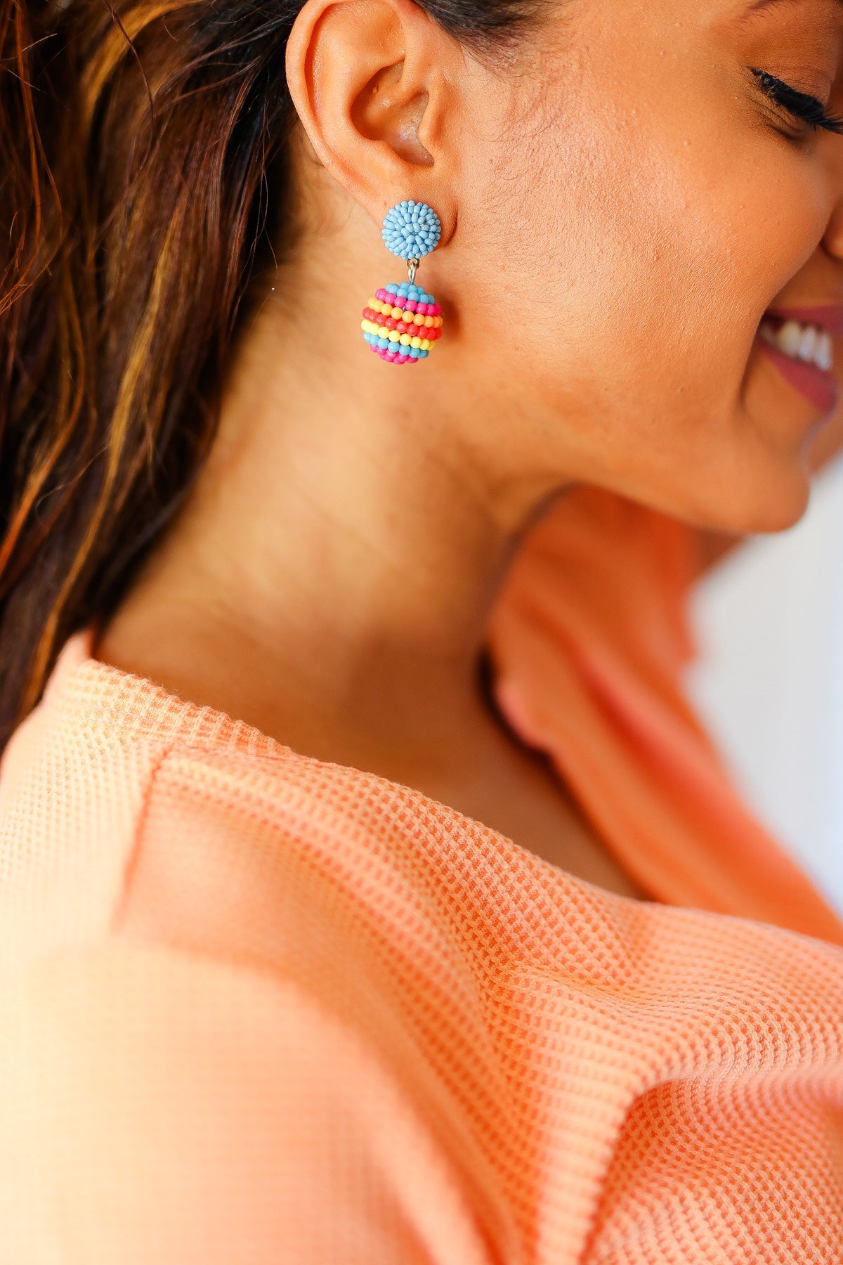 Blue Beaded Sphere Drop Earrings