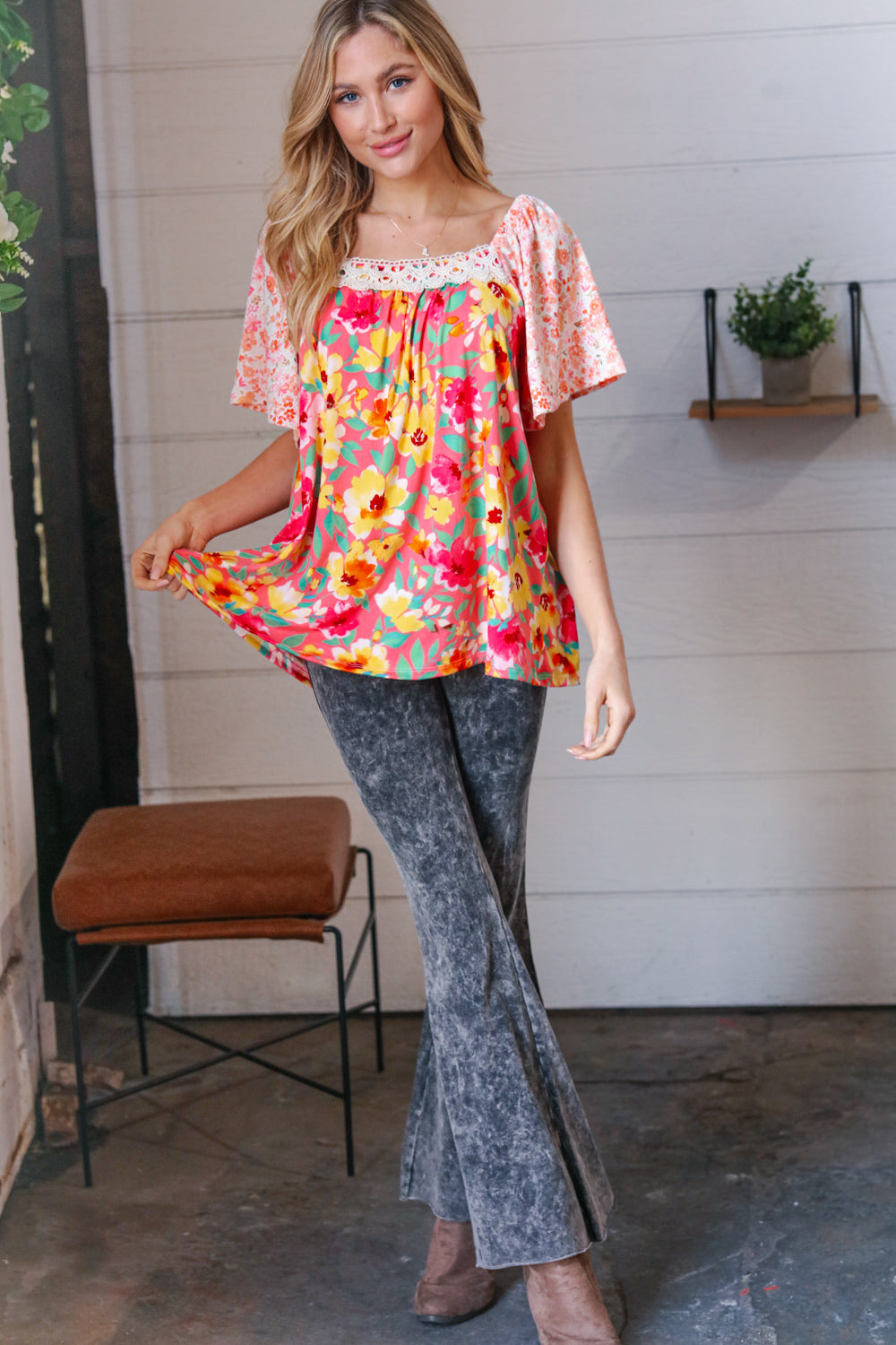 Coral Floral Flutter Sleeve Lace Square Neck Top