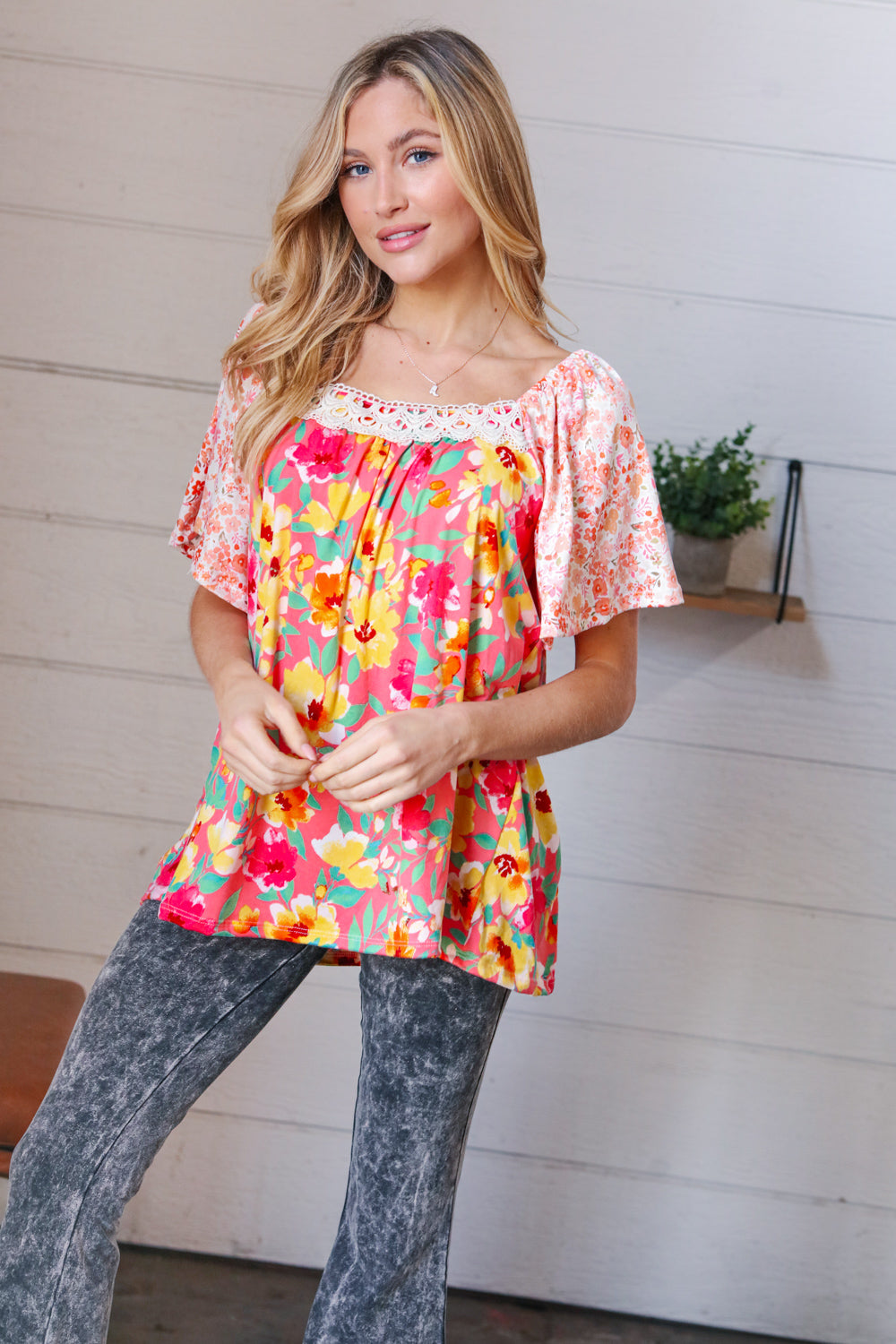Coral Floral Flutter Sleeve Lace Square Neck Top