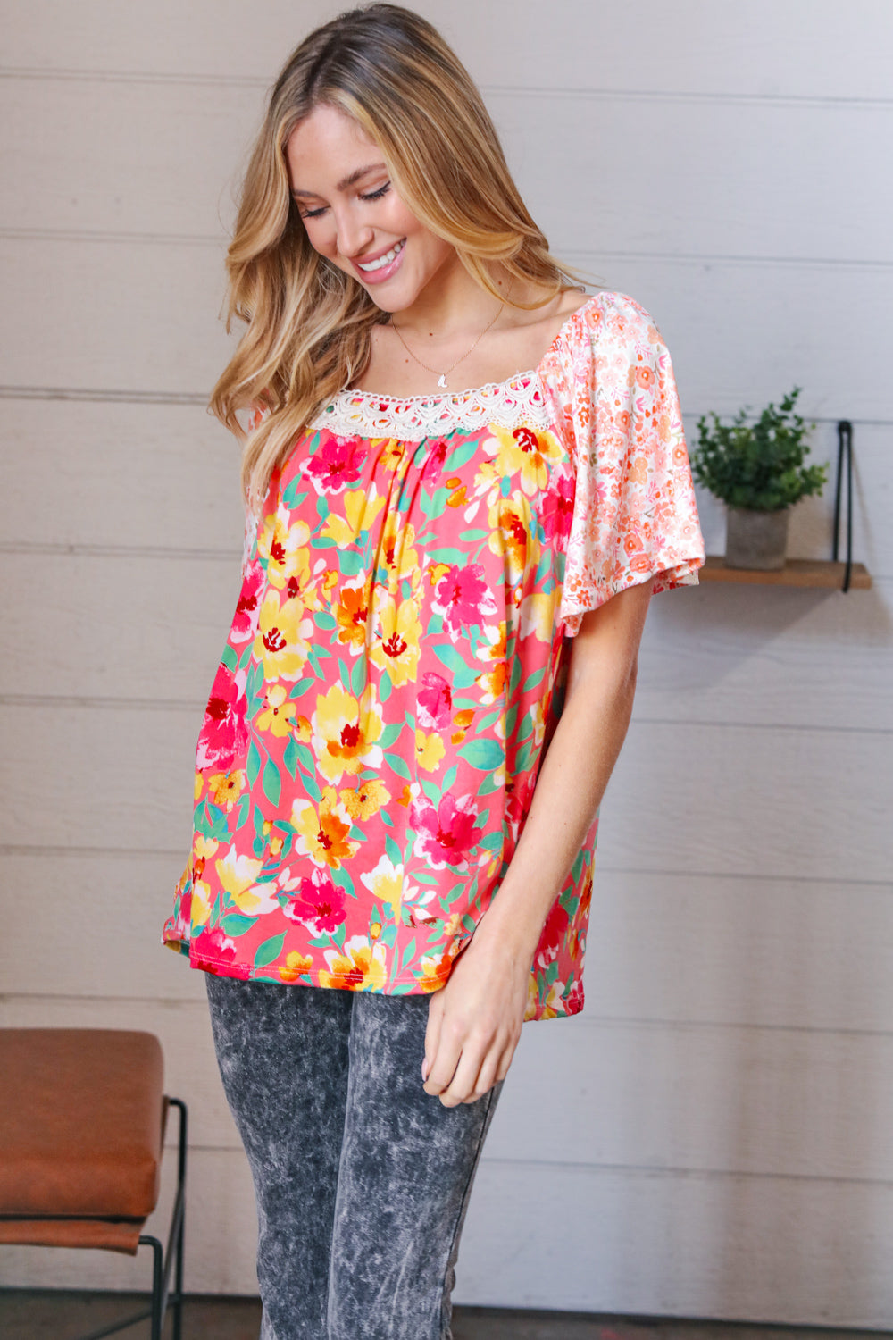 Coral Floral Flutter Sleeve Lace Square Neck Top