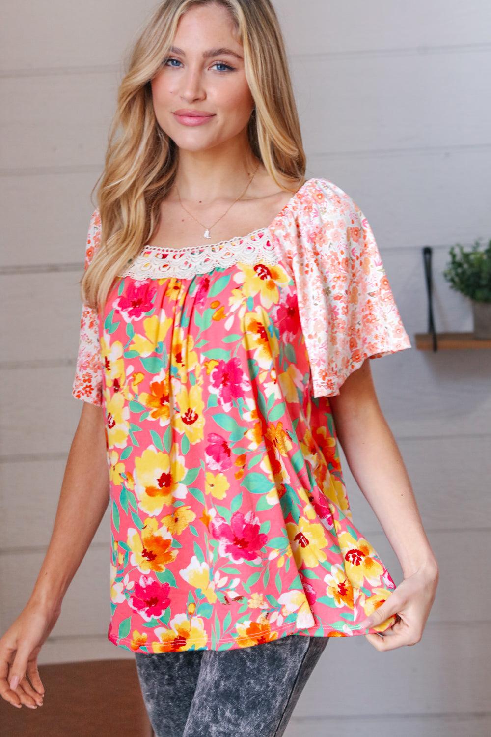 Coral Floral Flutter Sleeve Lace Square Neck Top