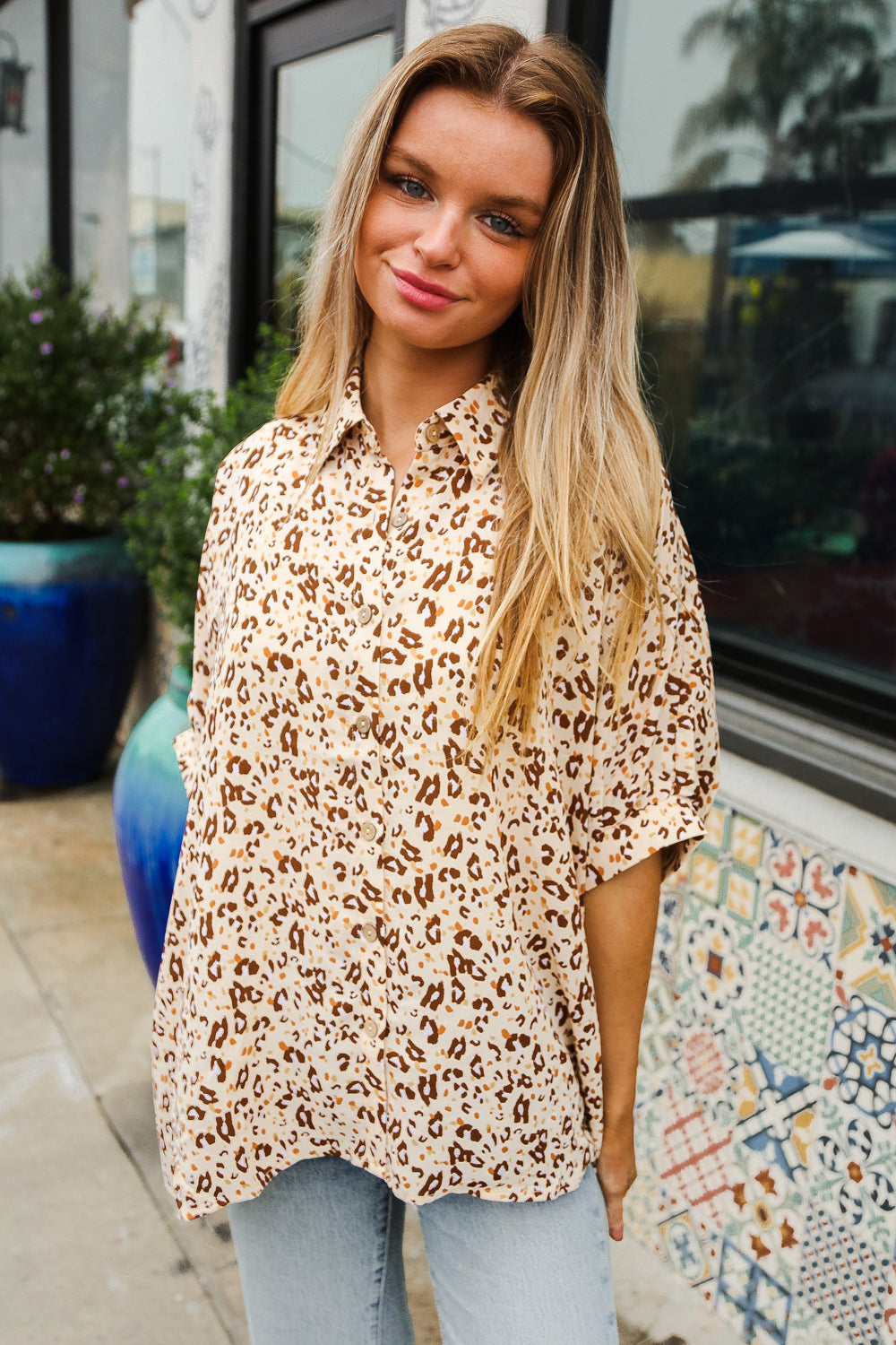 Feeling Bold Beige Animal Print Dolman Collar Button Down Top