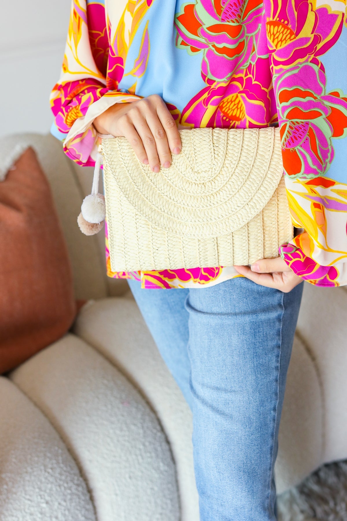 Raffia Flap Closure Clutch Bag with Wrist Strap