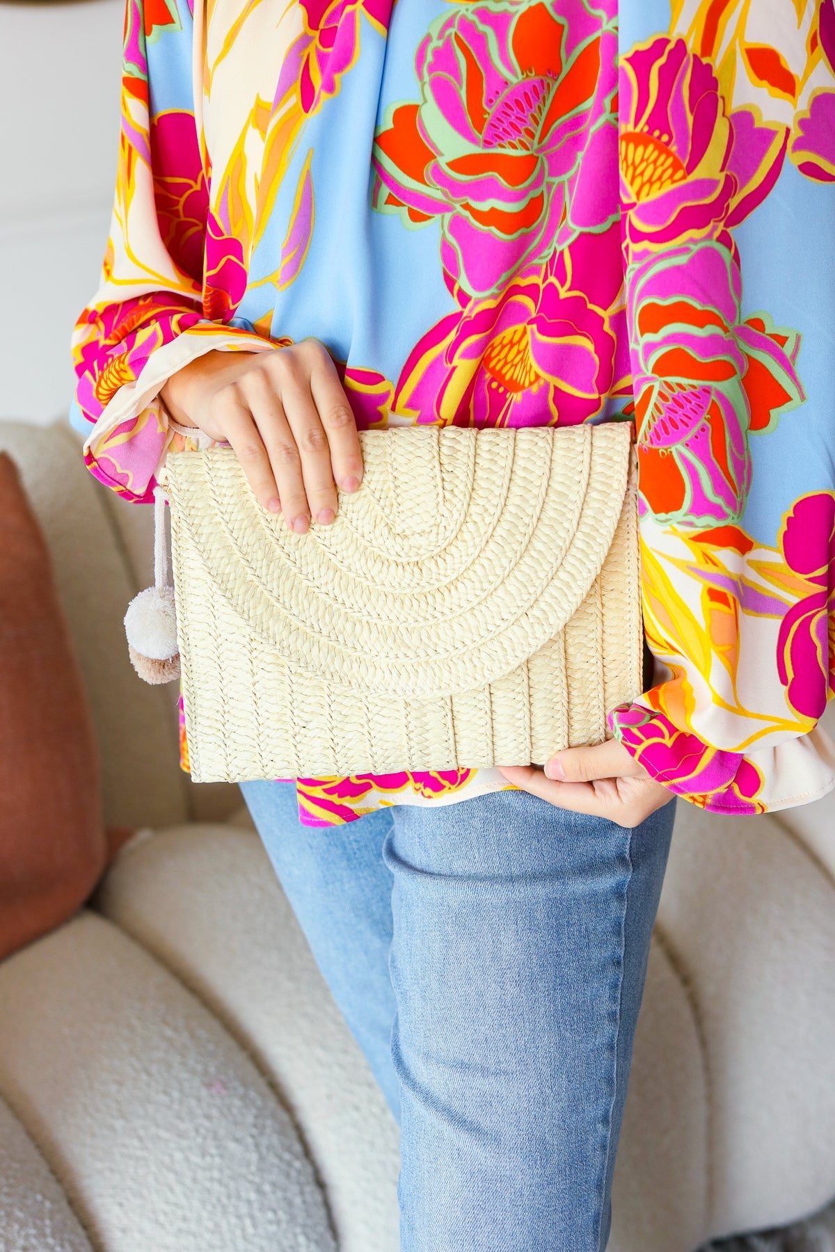 Raffia Flap Closure Clutch Bag with Wrist Strap