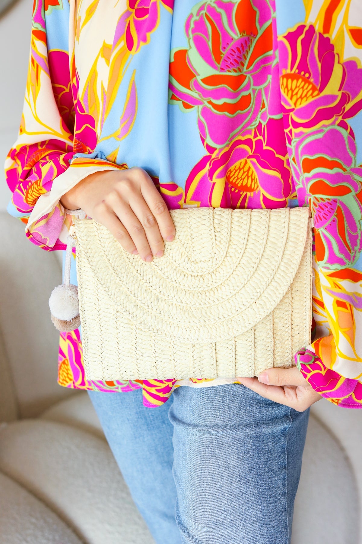 Raffia Flap Closure Clutch Bag with Wrist Strap