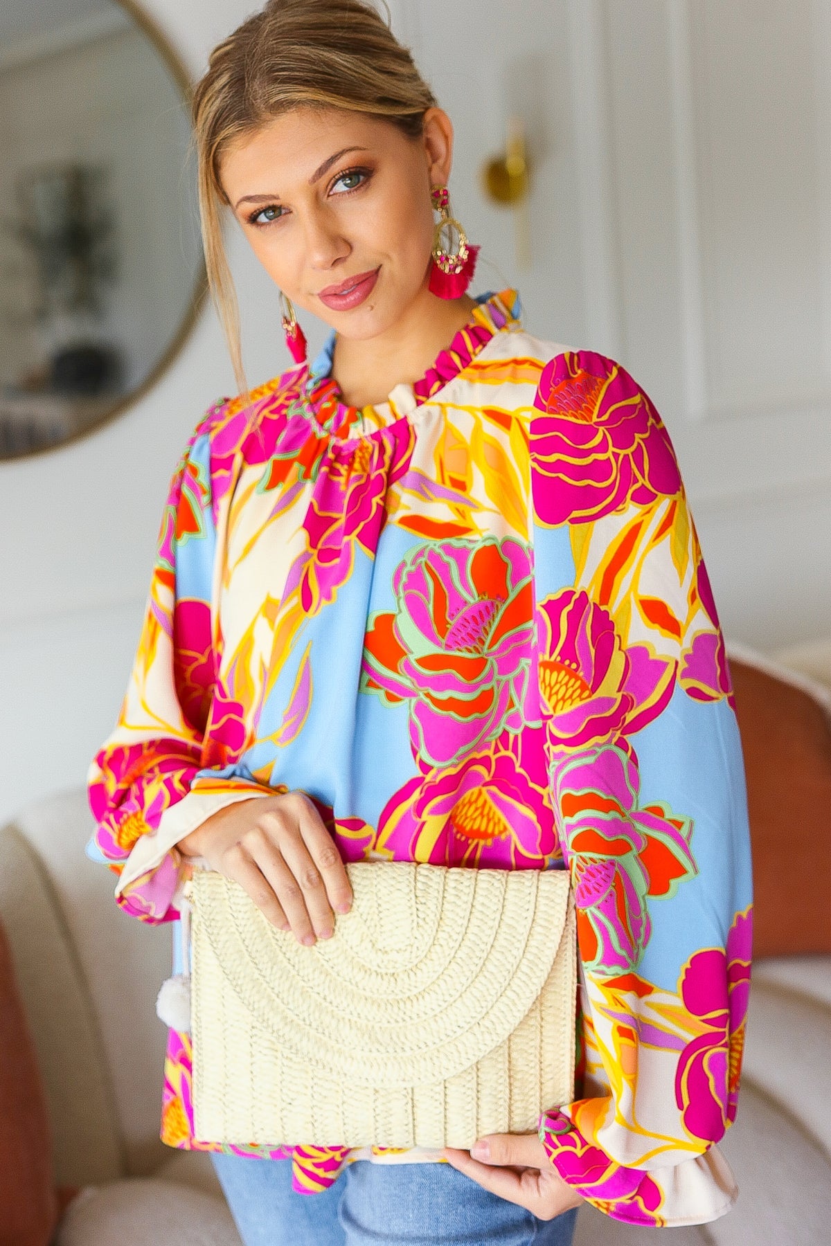 Raffia Flap Closure Clutch Bag with Wrist Strap