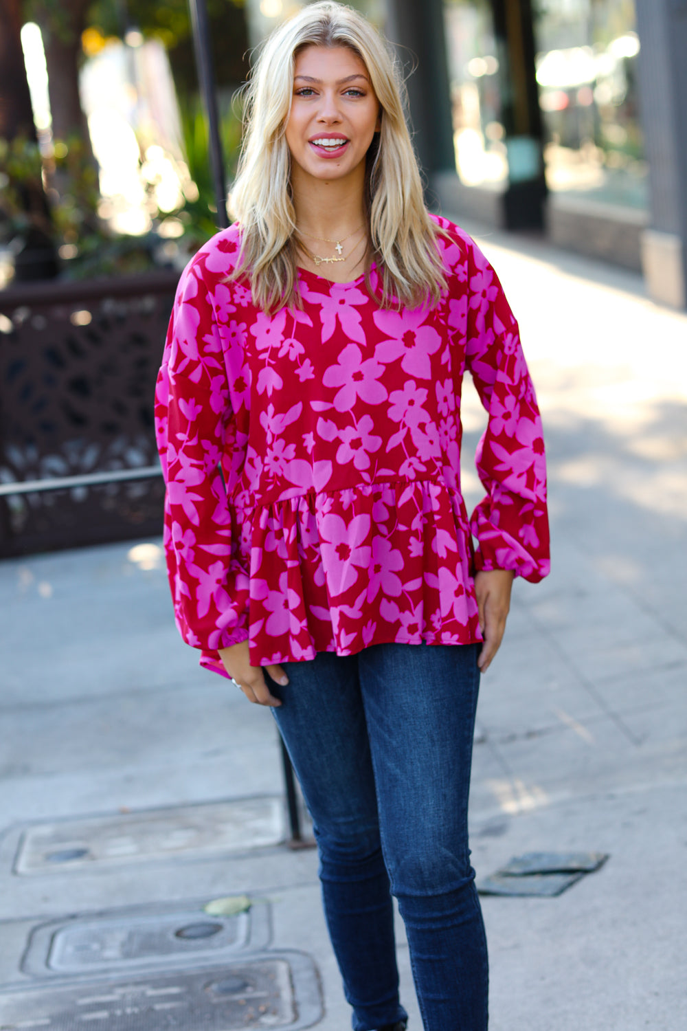 Red & Magenta Floral V Neck Woven Babydoll Top