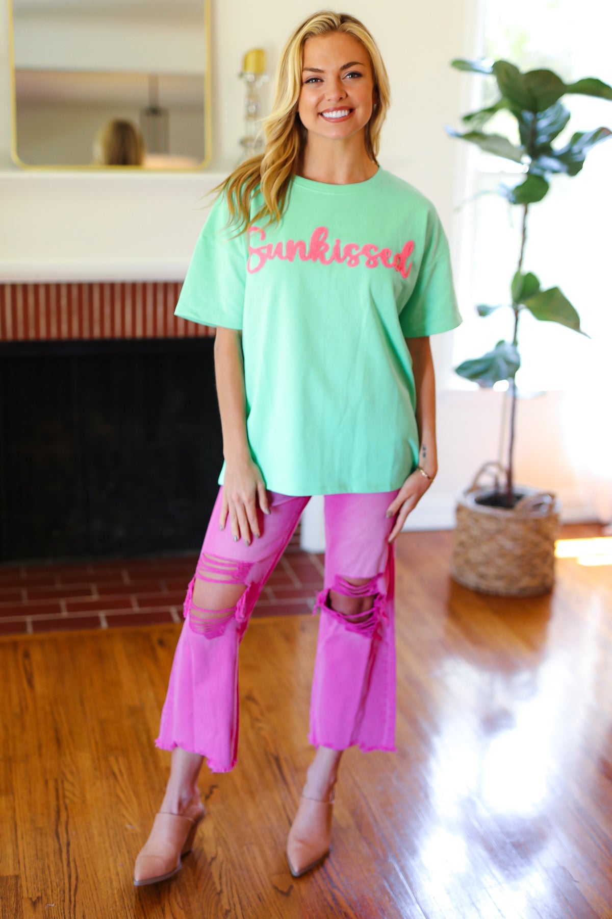 Spunky Mint "Sunkissed" Embroidered French Terry Top