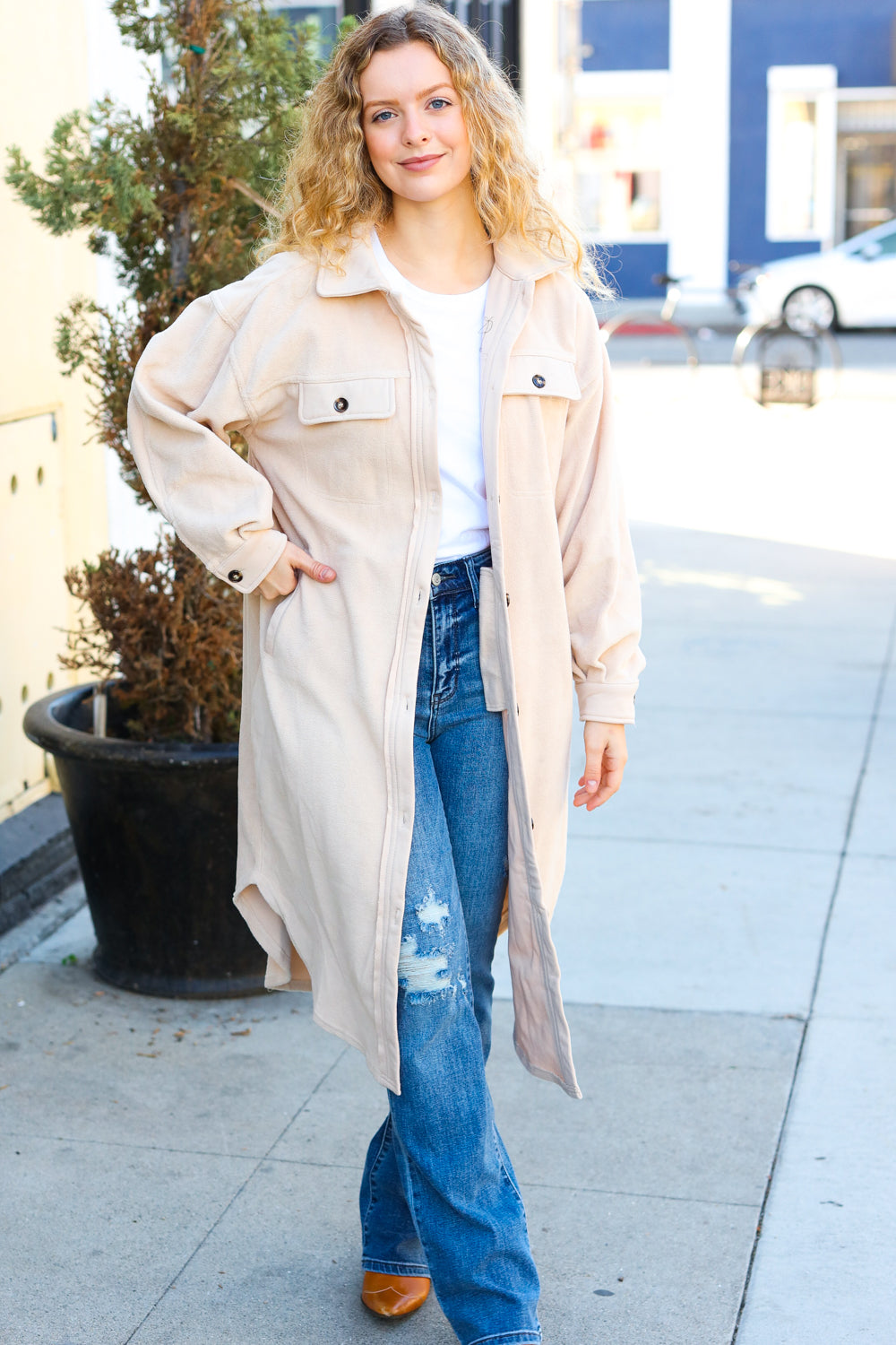 Turn Heads Taupe Fleece Button Down Duster Jacket