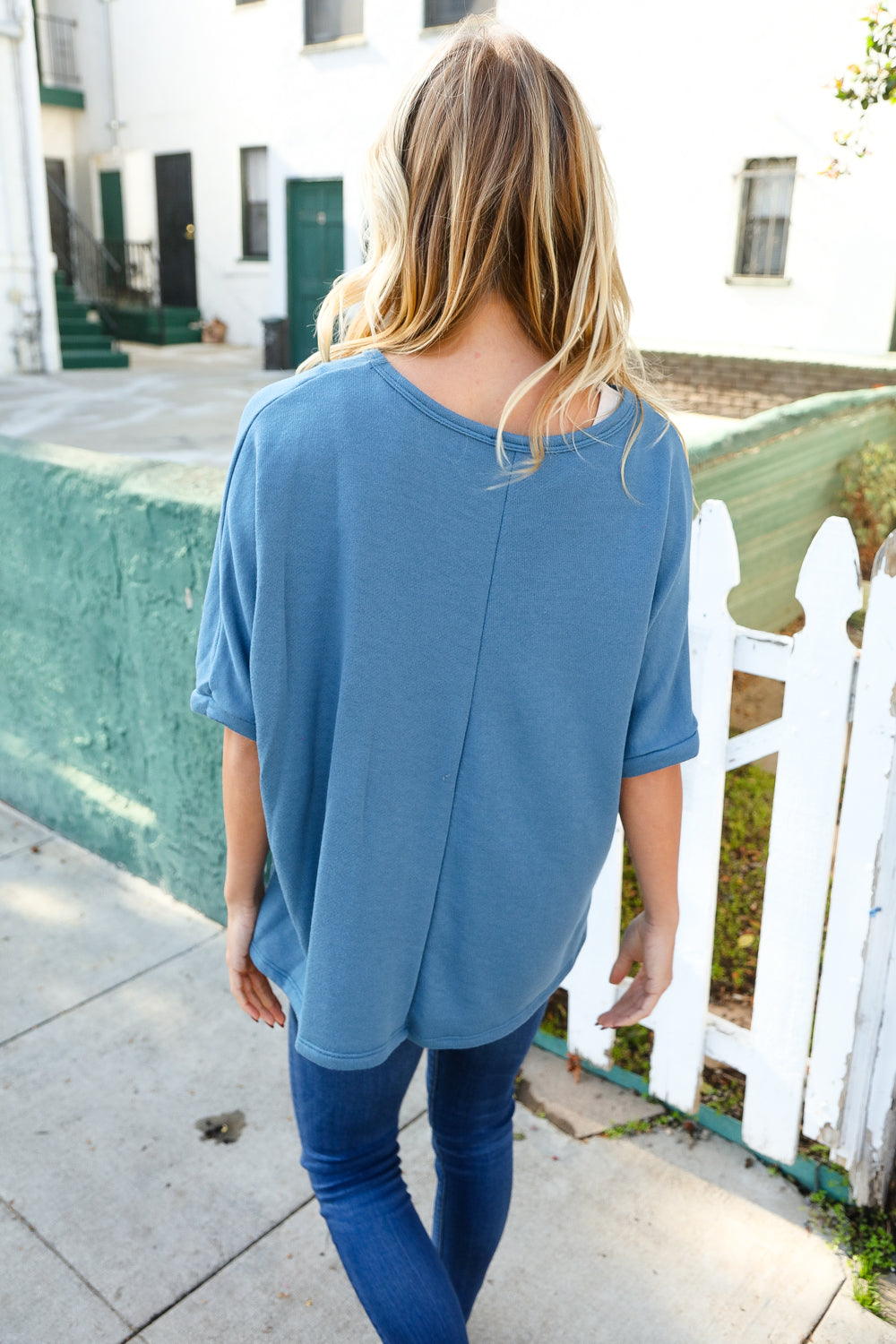 Casual Living Cotton Denim Blue Dolman French Terry Pullover