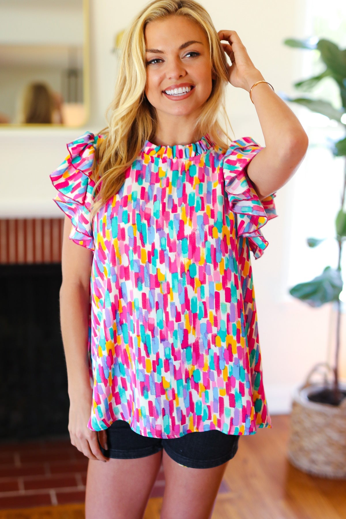 Eyes On You Multicolor Abstract Print Mock Neck Flutter Sleeve Top