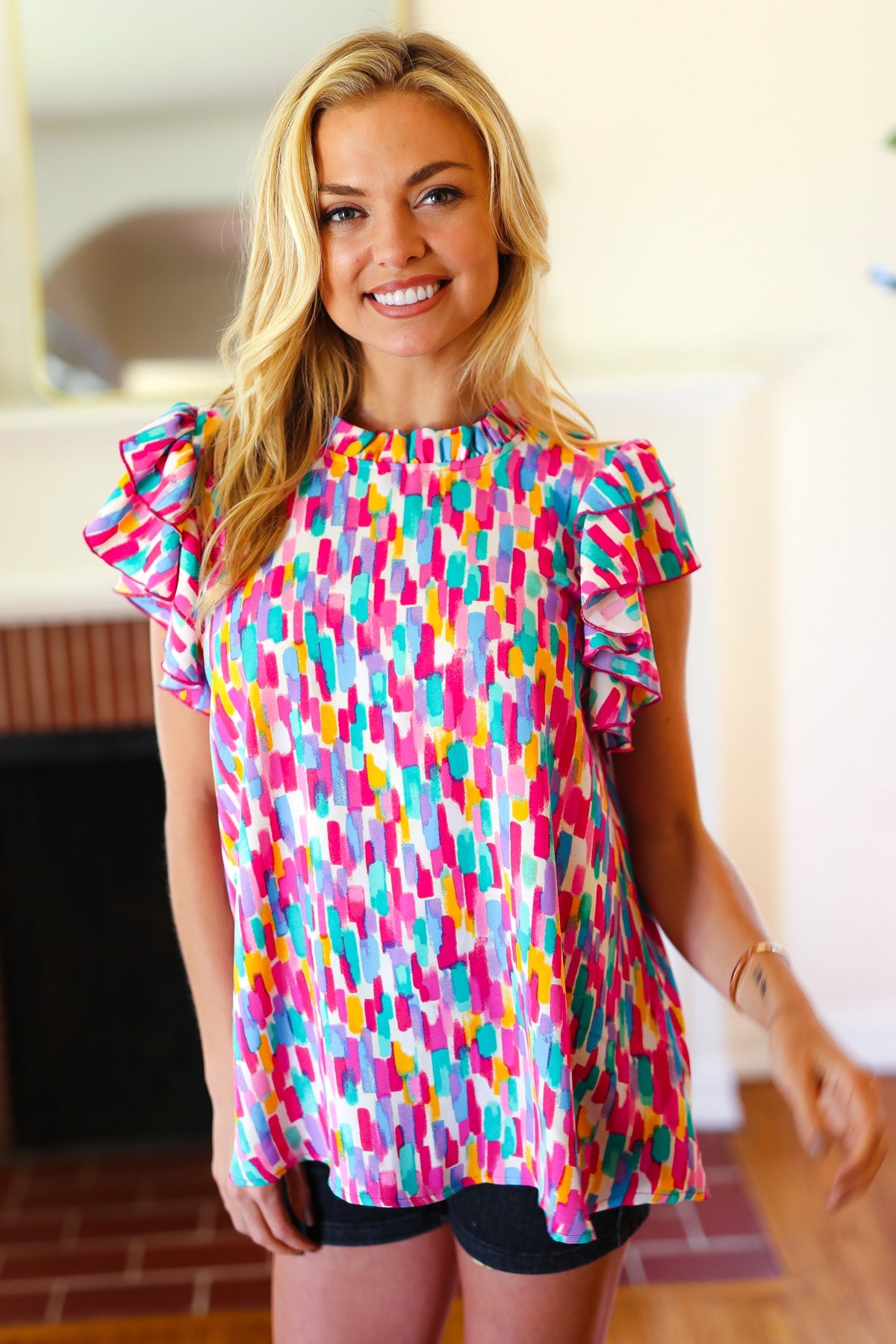 Eyes On You Multicolor Abstract Print Mock Neck Flutter Sleeve Top
