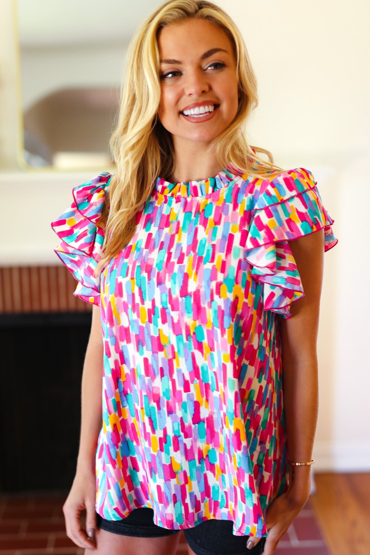 Eyes On You Multicolor Abstract Print Mock Neck Flutter Sleeve Top