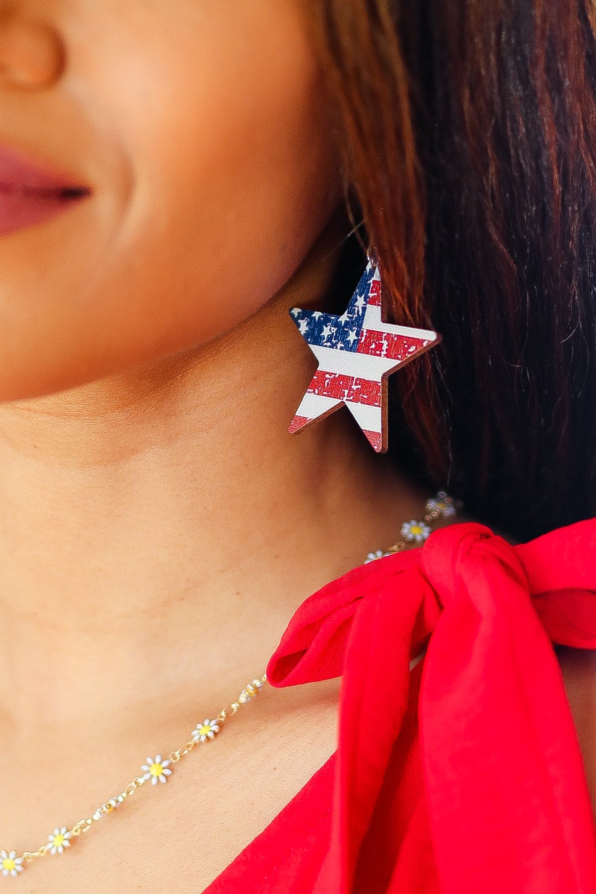 Patriotic Wooden Star Flag Dangle Earrings