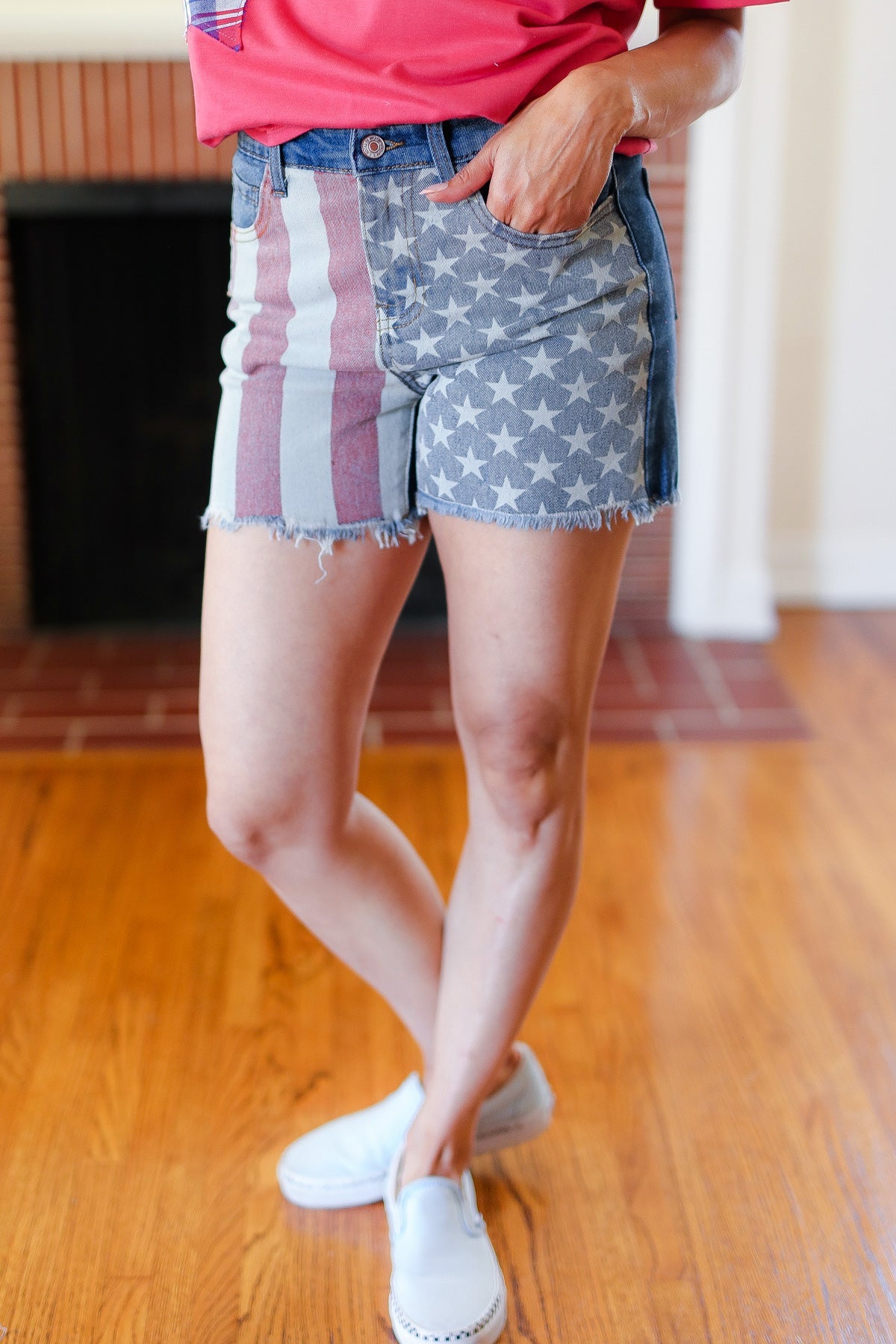 American Flag High Rise Frayed Hem Denim Shorts