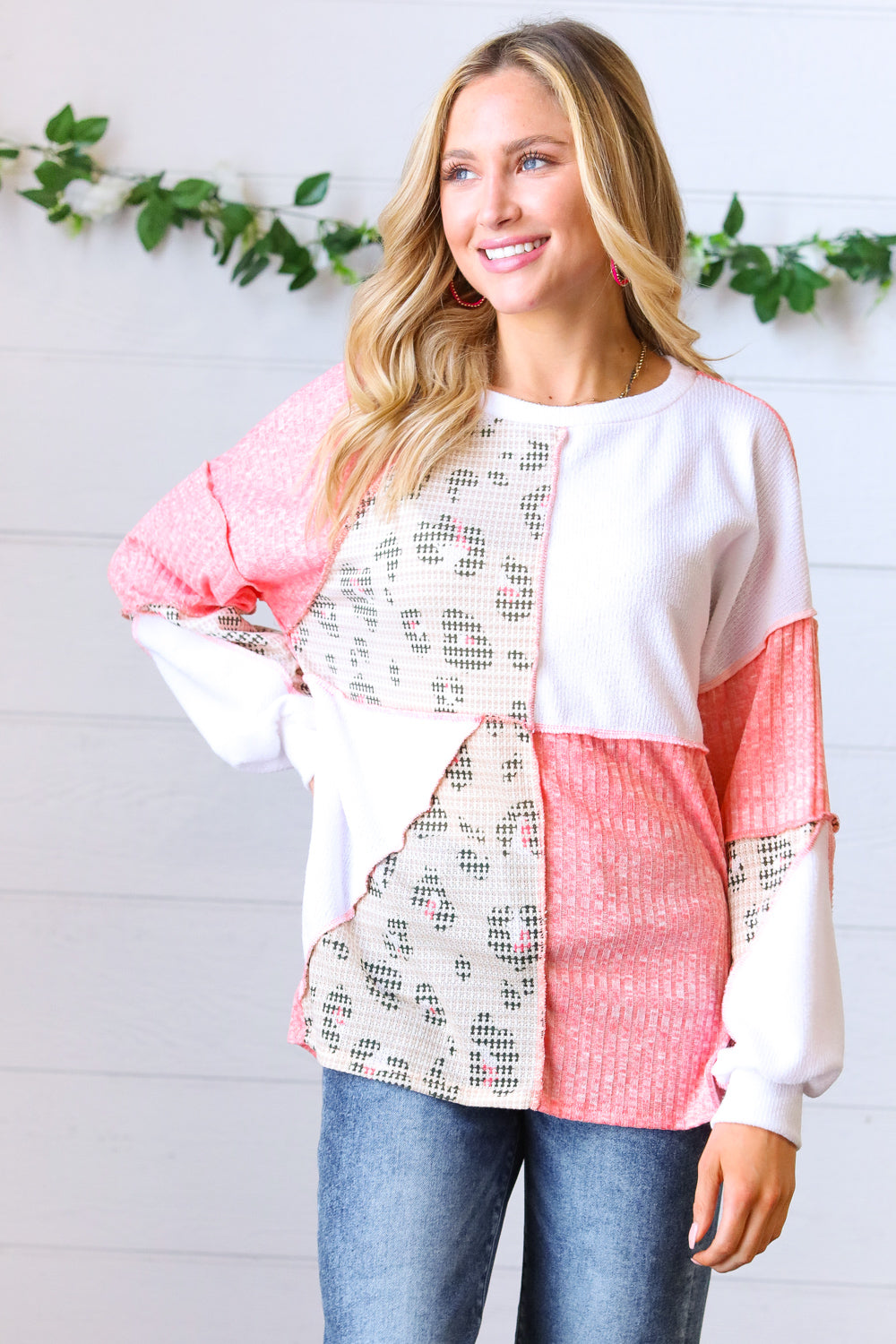 Coral & Leopard Two-Tone Color Block Top