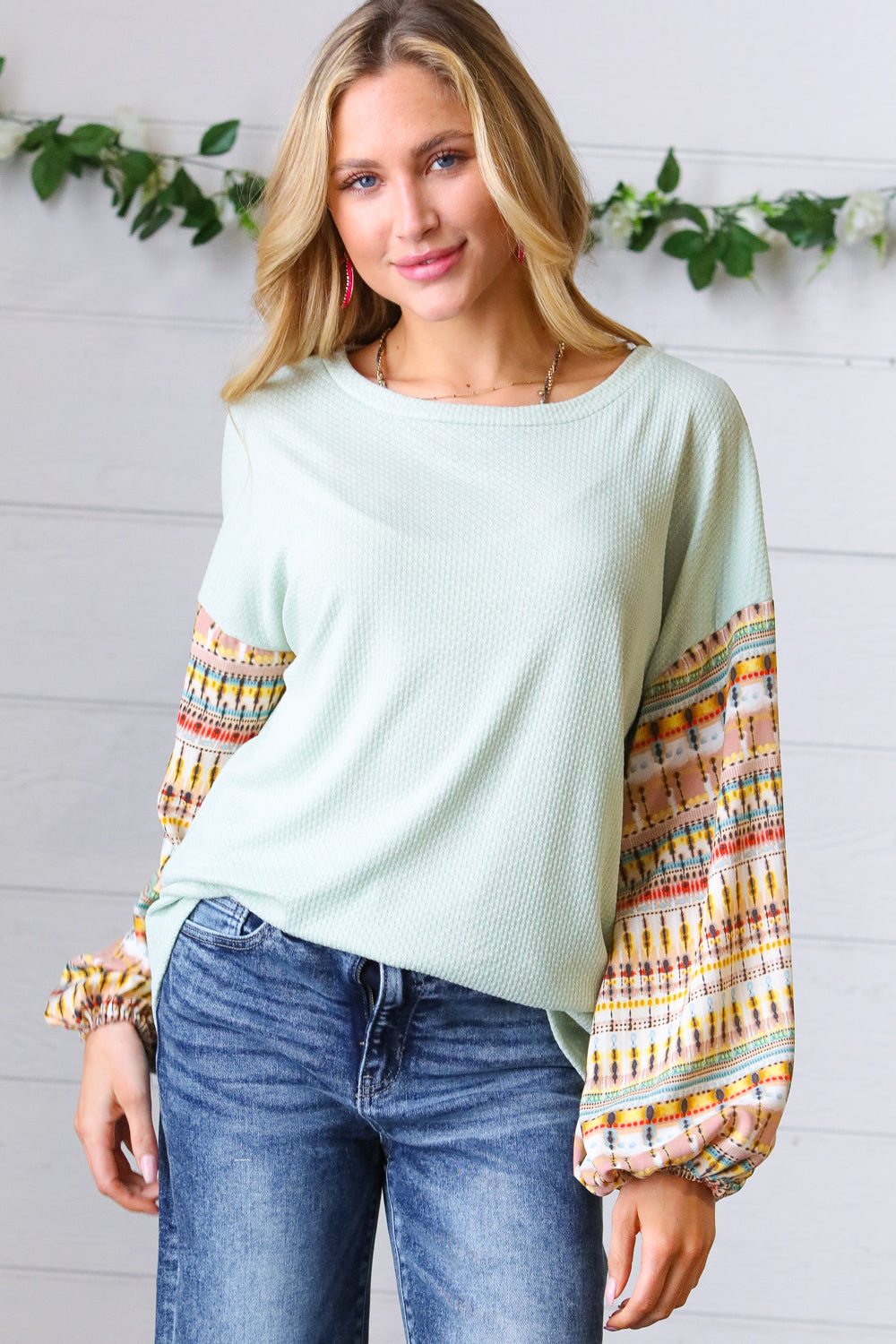 Sage Boho Print Challis Drop Sleeve Top