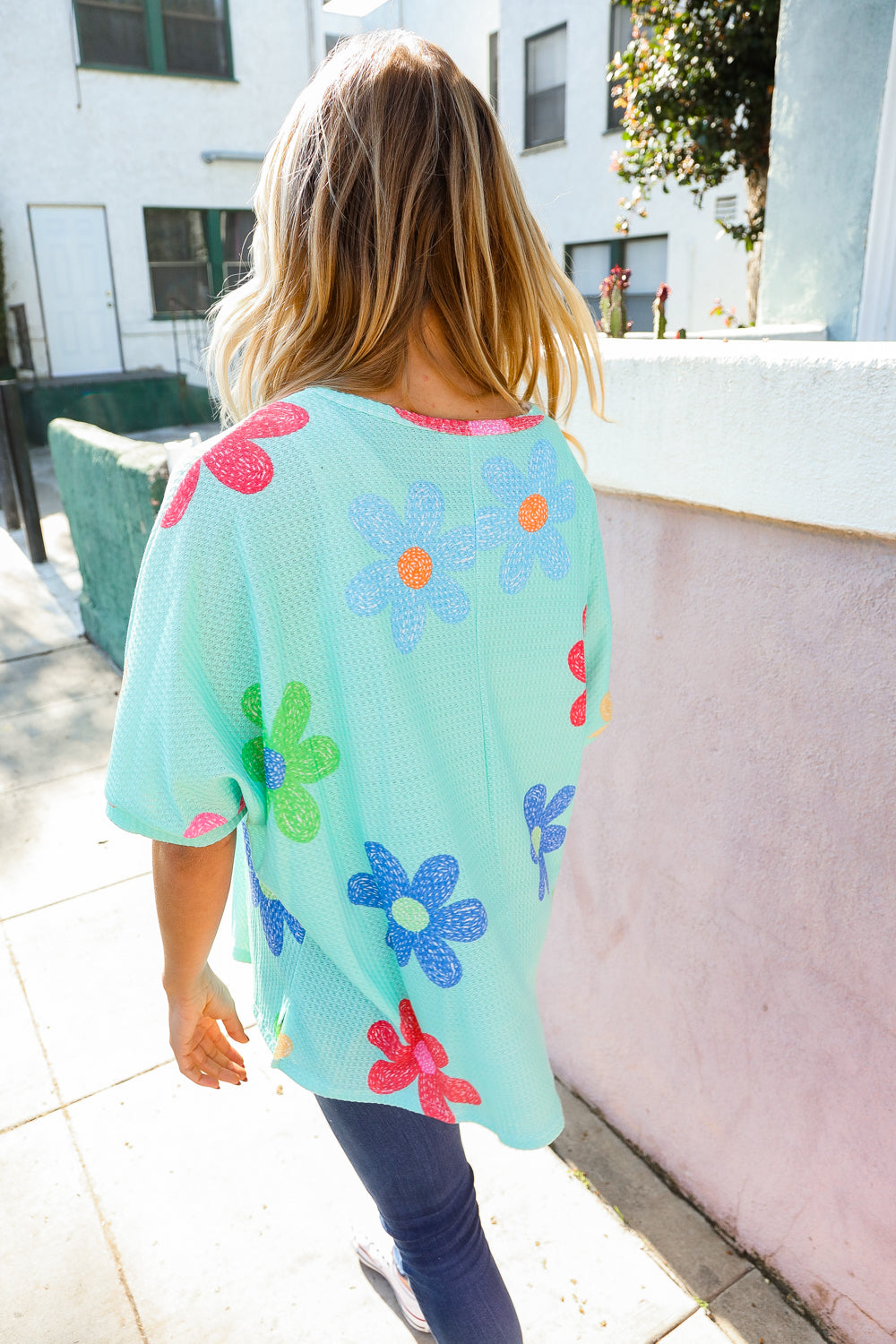 Weekend Ready Mint Multicolor Flower Print Waffle Dolman Top