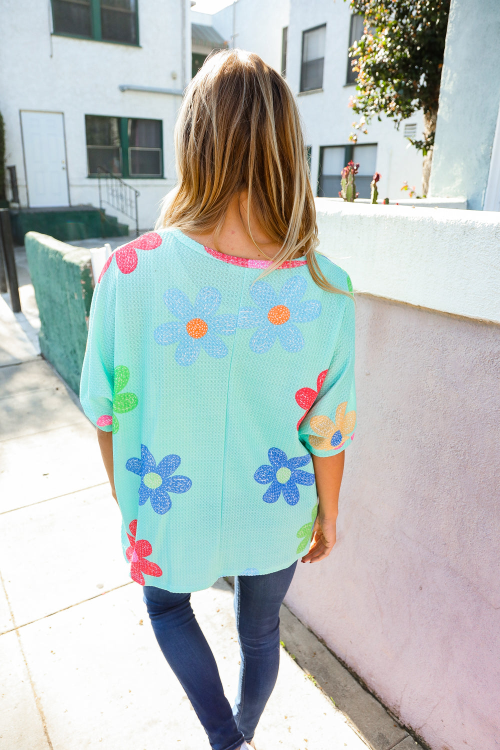 Weekend Ready Mint Multicolor Flower Print Waffle Dolman Top