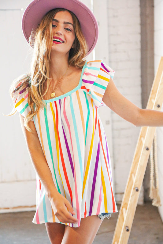 Multicolor Vertical Stripe Ruffle Frill Sleeve Top