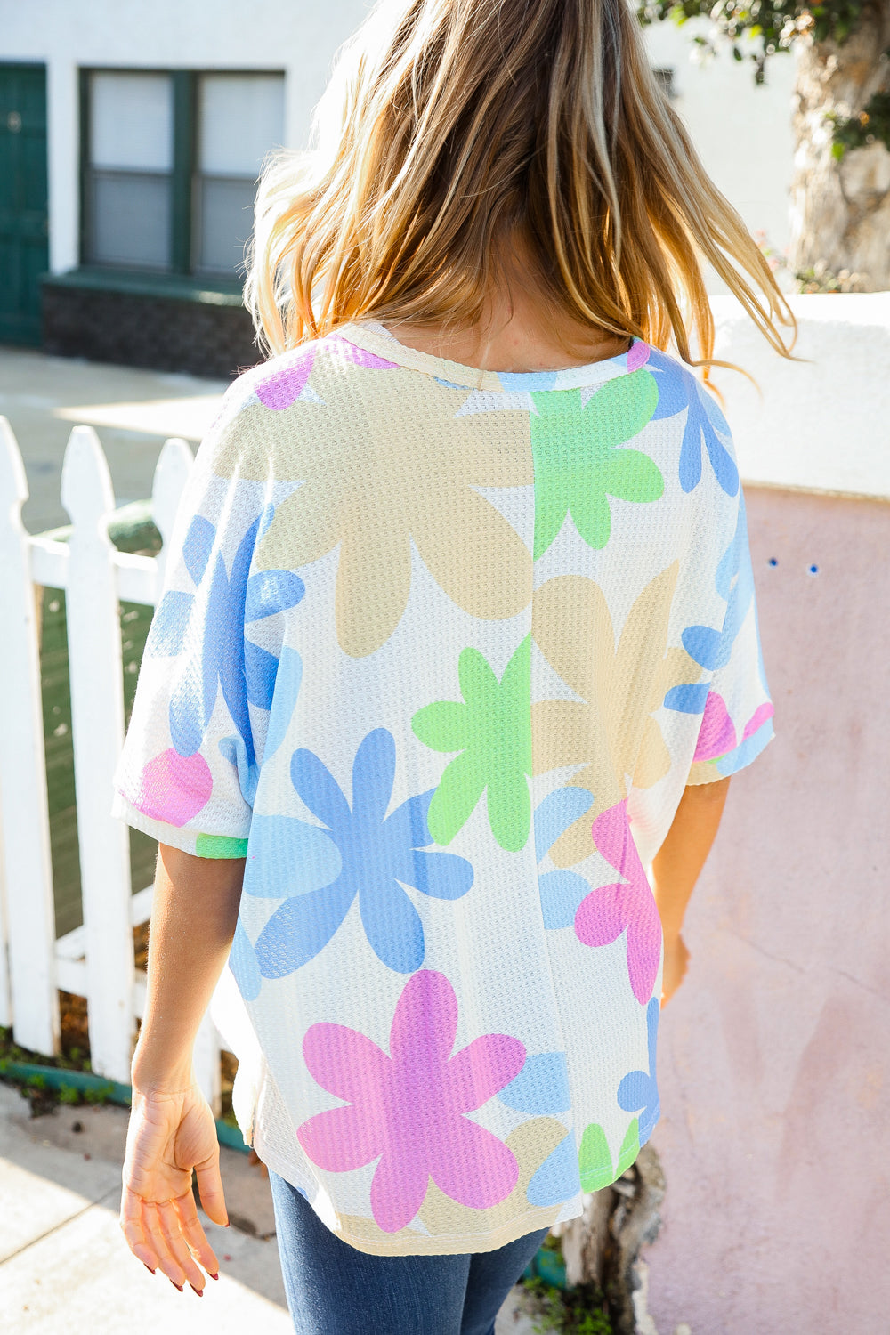 Weekend Ready Ivory Multicolor Flower Print Waffle Dolman Top