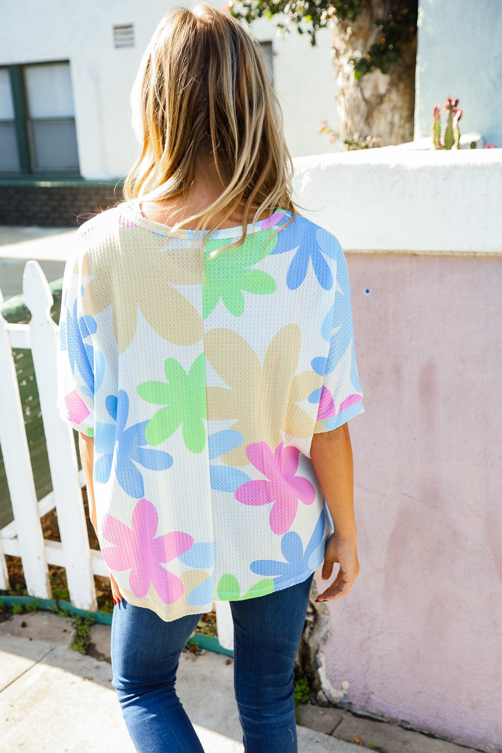 Weekend Ready Ivory Multicolor Flower Print Waffle Dolman Top