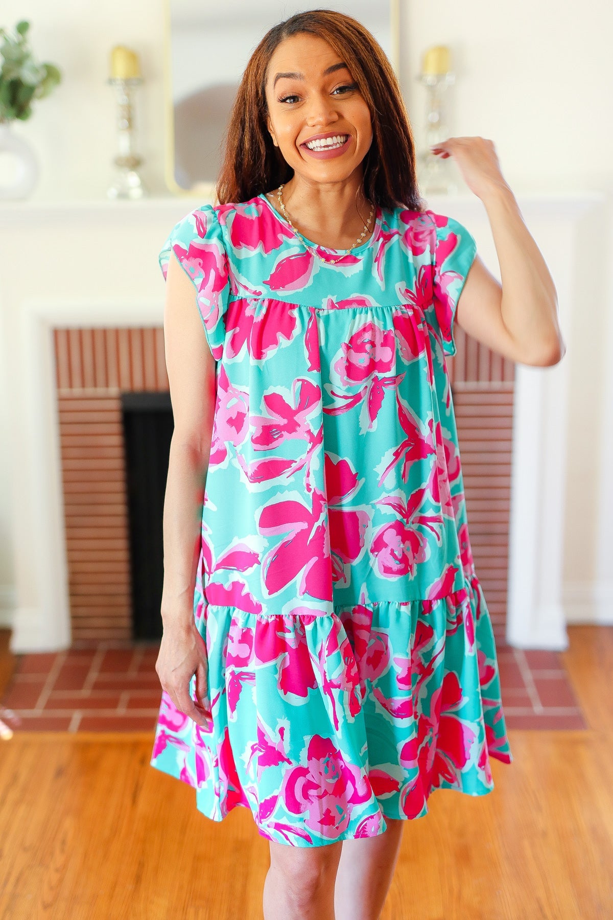 Diva Dreaming Aqua & Fuchsia Floral Print Tiered Ruffle Sleeve Dress