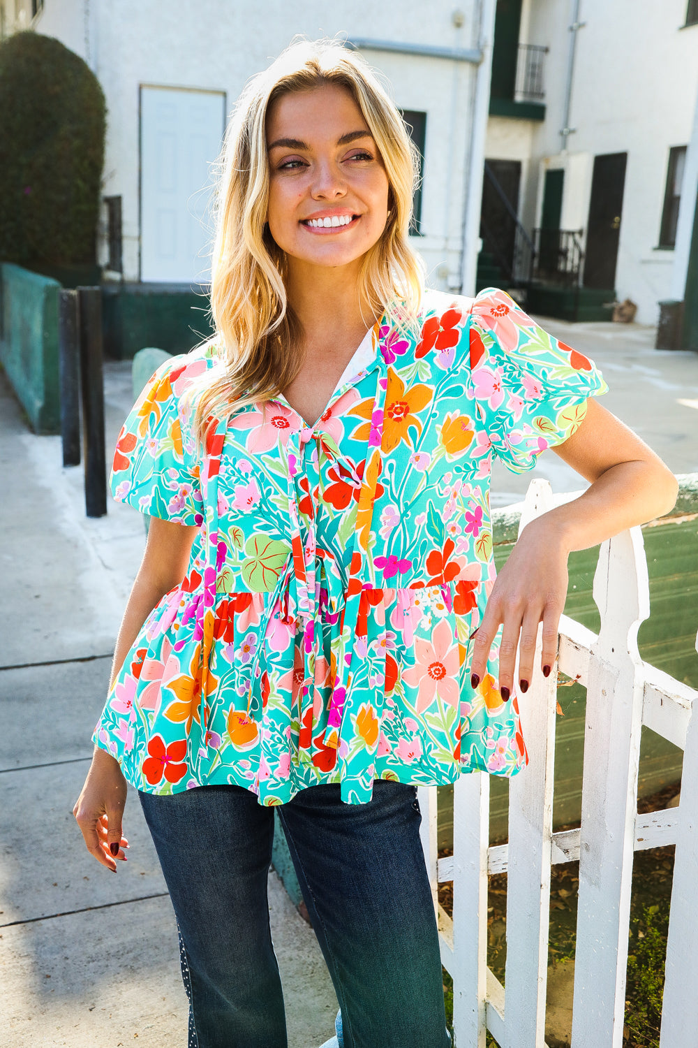 Follow Me Dark Mint Bow Tie Folded Puff Sleeve Babydoll Top