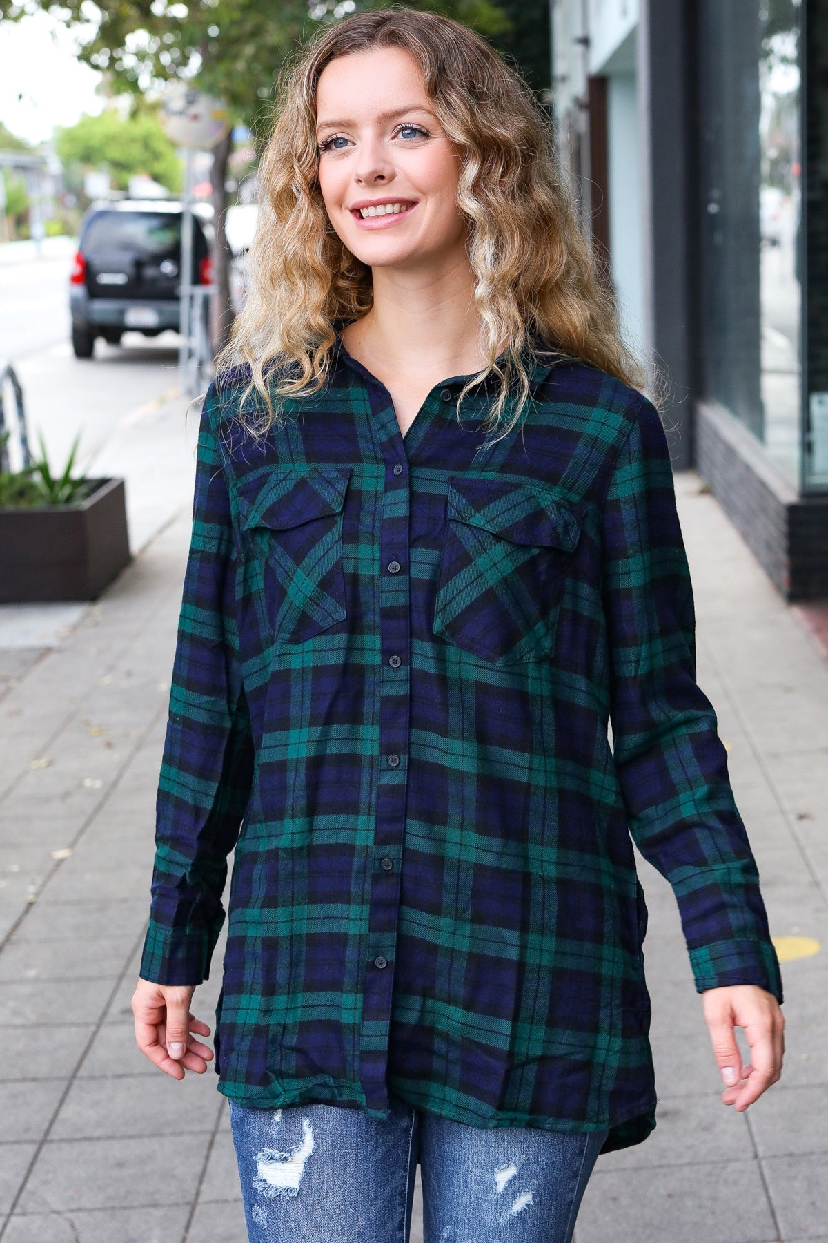 Make A Move Navy & Green Plaid Button Down Long Sleeve Top