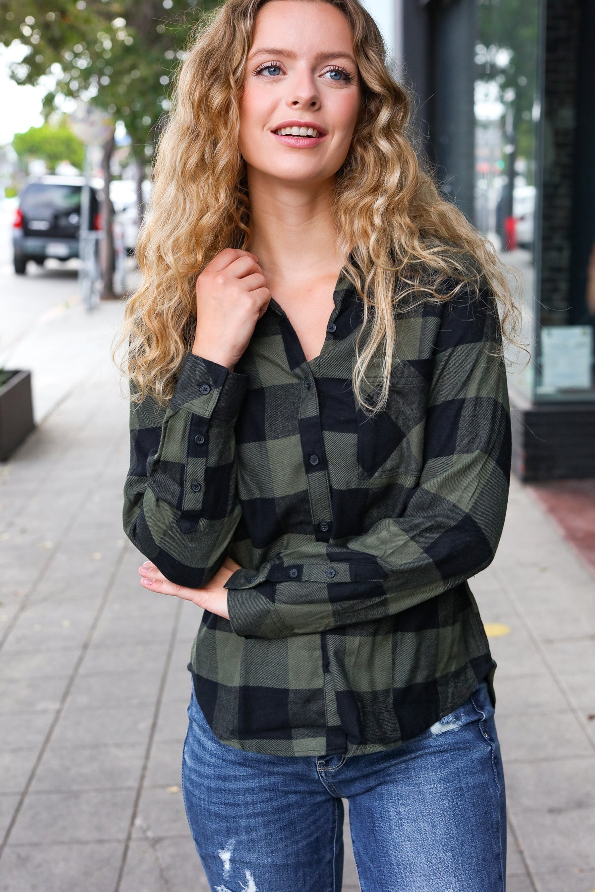 Casual Chic Army Green Plaid Button Down Long Sleeve Top