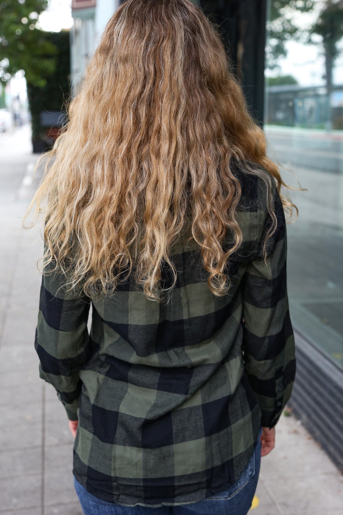 Casual Chic Army Green Plaid Button Down Long Sleeve Top