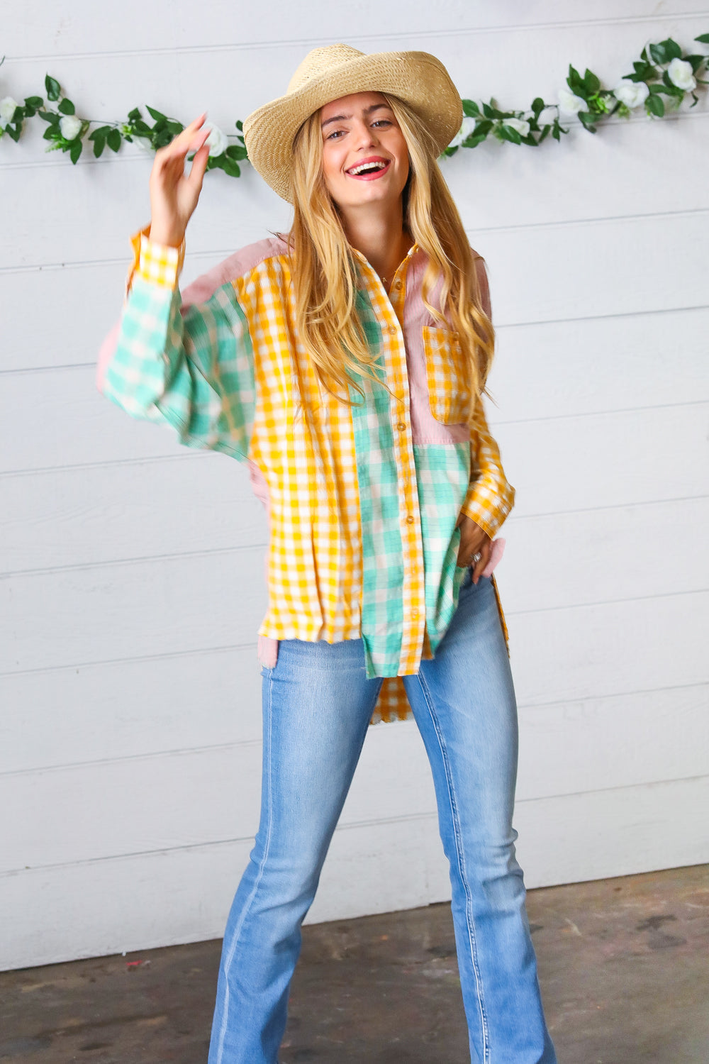 Mint & Pink Cotton Plaid Check Baby Doll Raglan Shirt