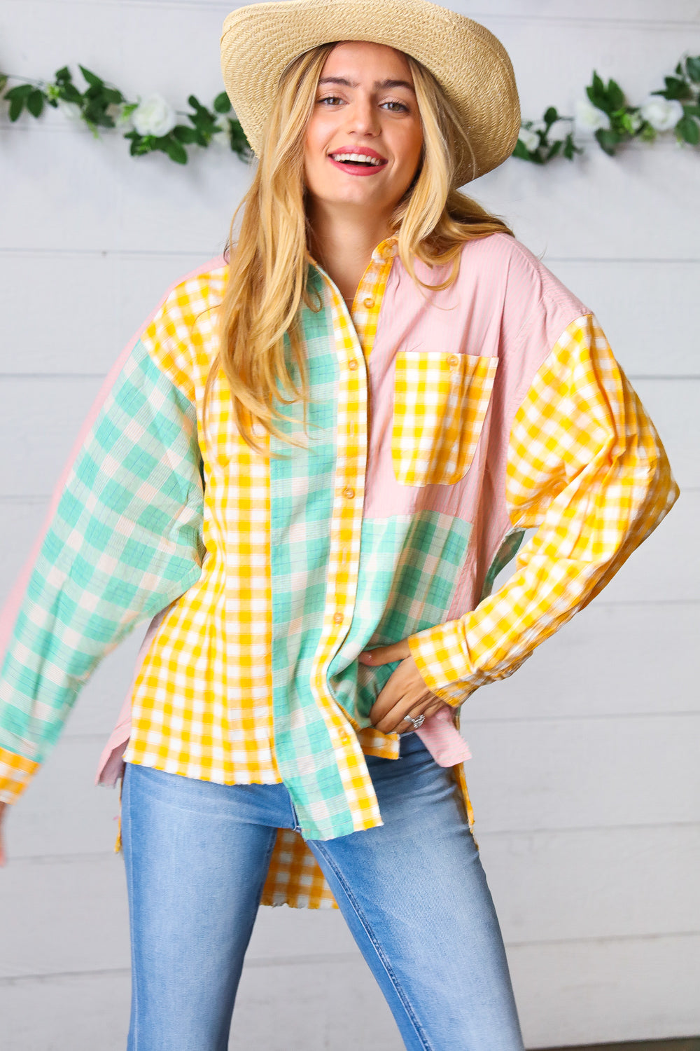 Mint & Pink Cotton Plaid Check Baby Doll Raglan Shirt