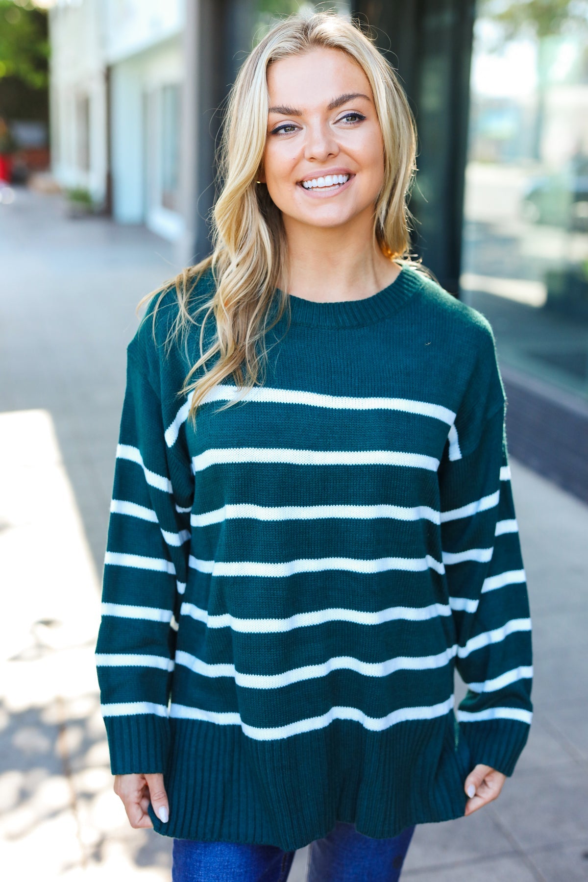 Stand Out Hunter Green Striped Oversized Knit Sweater