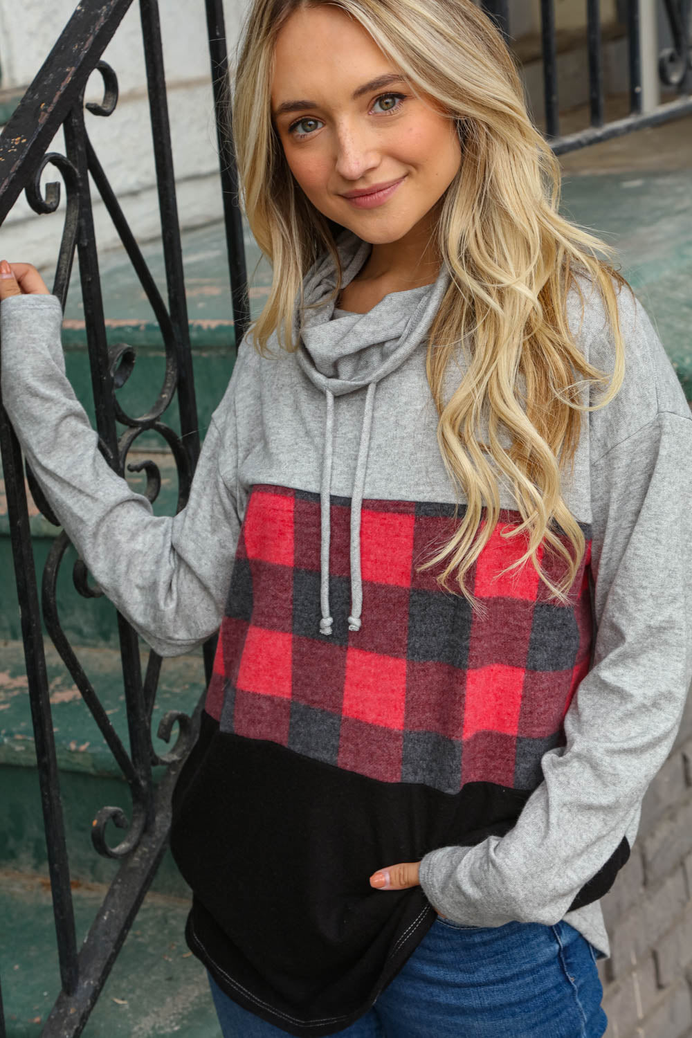 Plaid and Grey Cashmere Feel Turtleneck Top