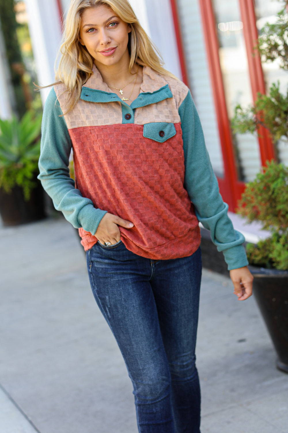 Face The Day Rust Embossed Checkered Button-Down Sweater Top