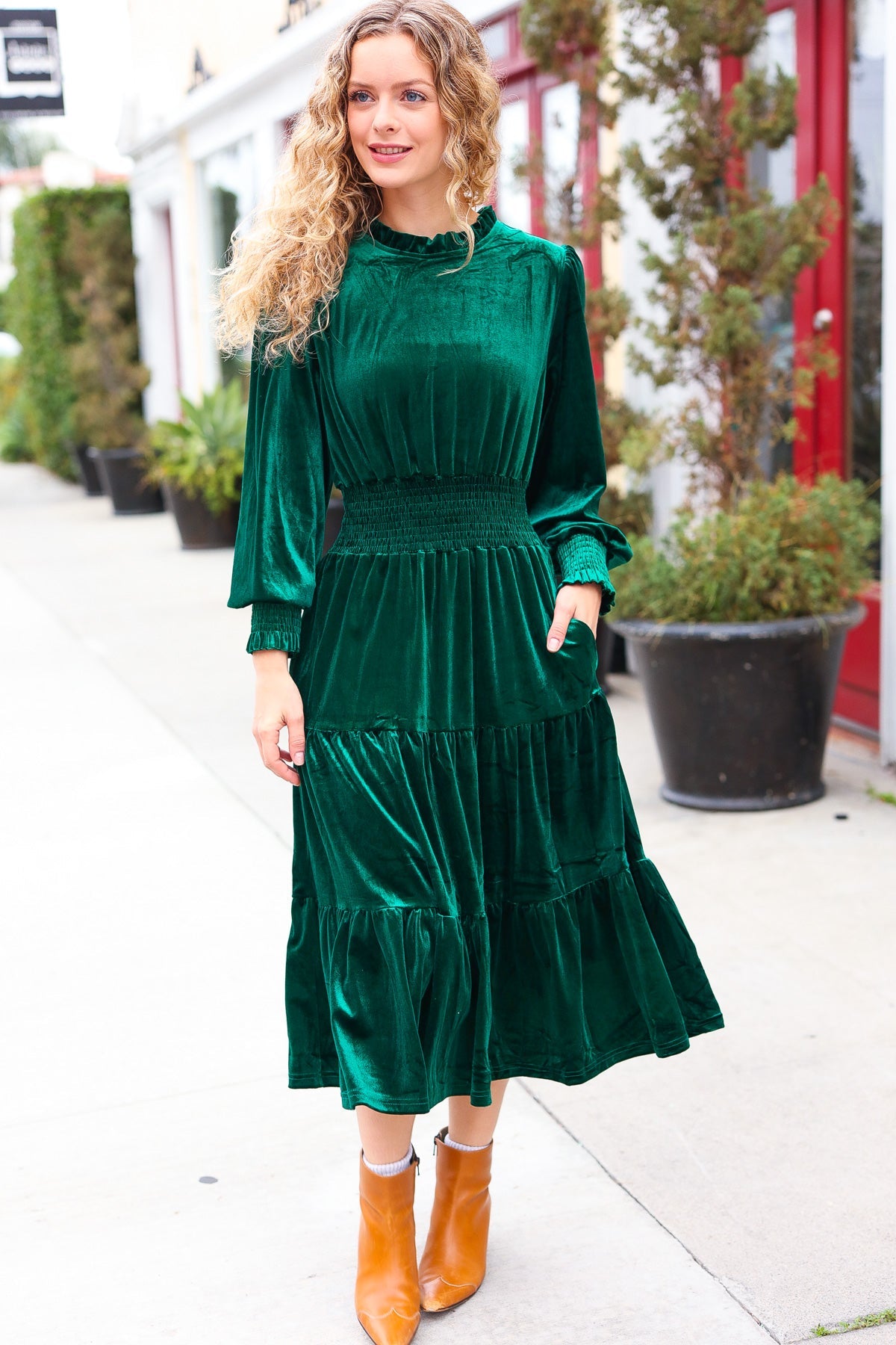 Holiday Dreaming Hunter Green Velvet Mock Neck Smocked Waist Dress